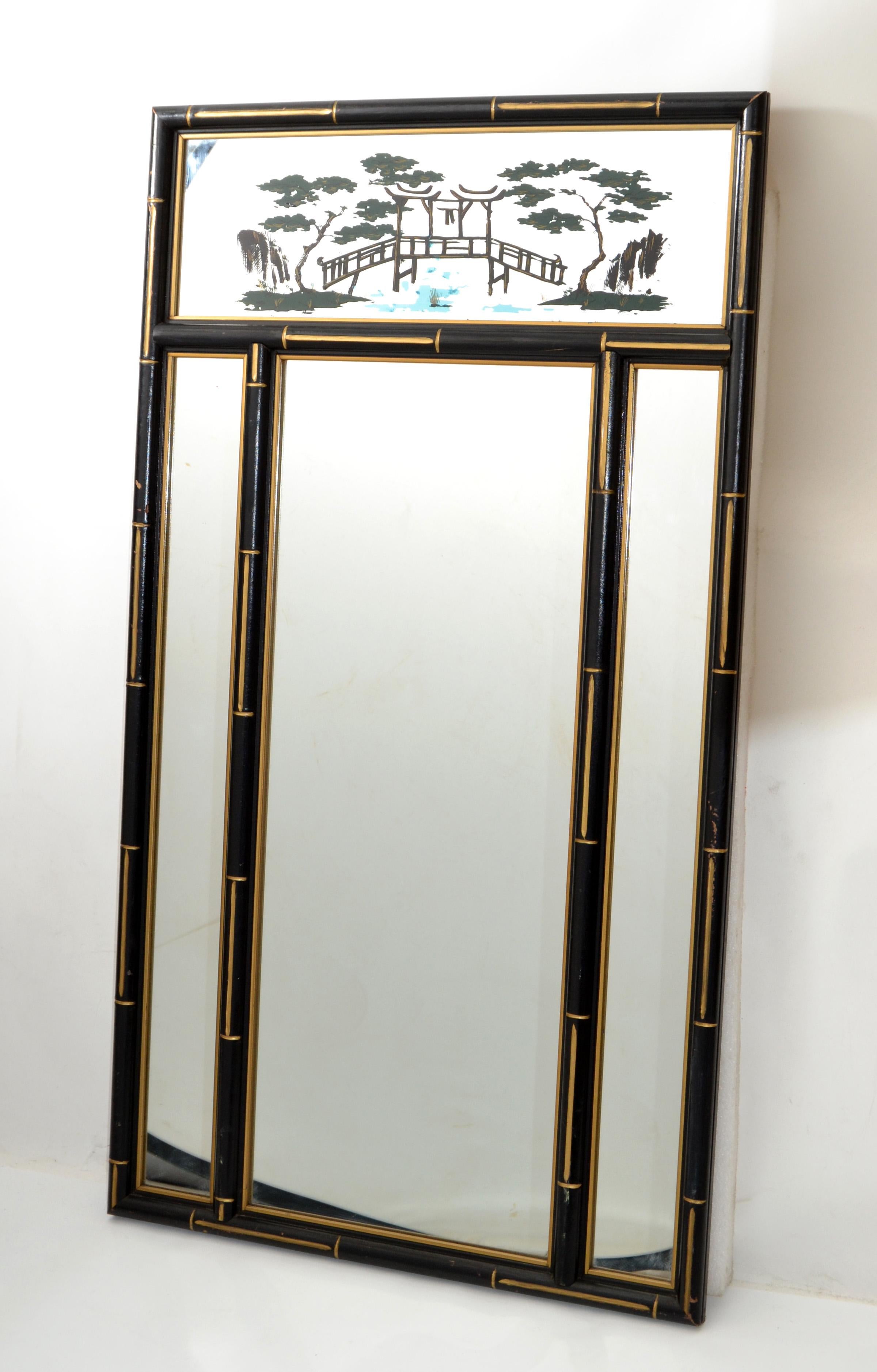 Chinoiserie Faux Bamboo Wall Mirror Black & Gold Finish Chinese Export, 1970 For Sale 6