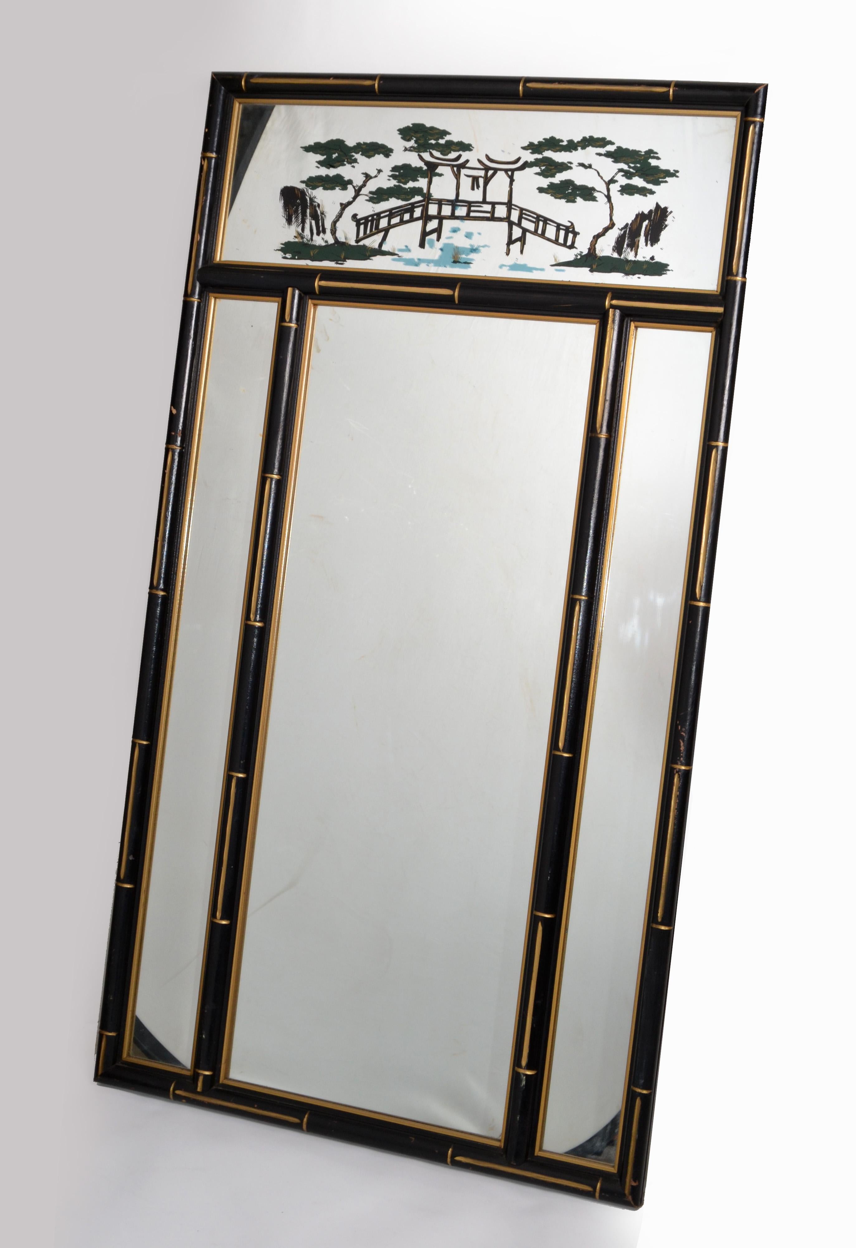American Chinoiserie Faux Bamboo Wall Mirror Black & Gold Finish Chinese Export, 1970 For Sale
