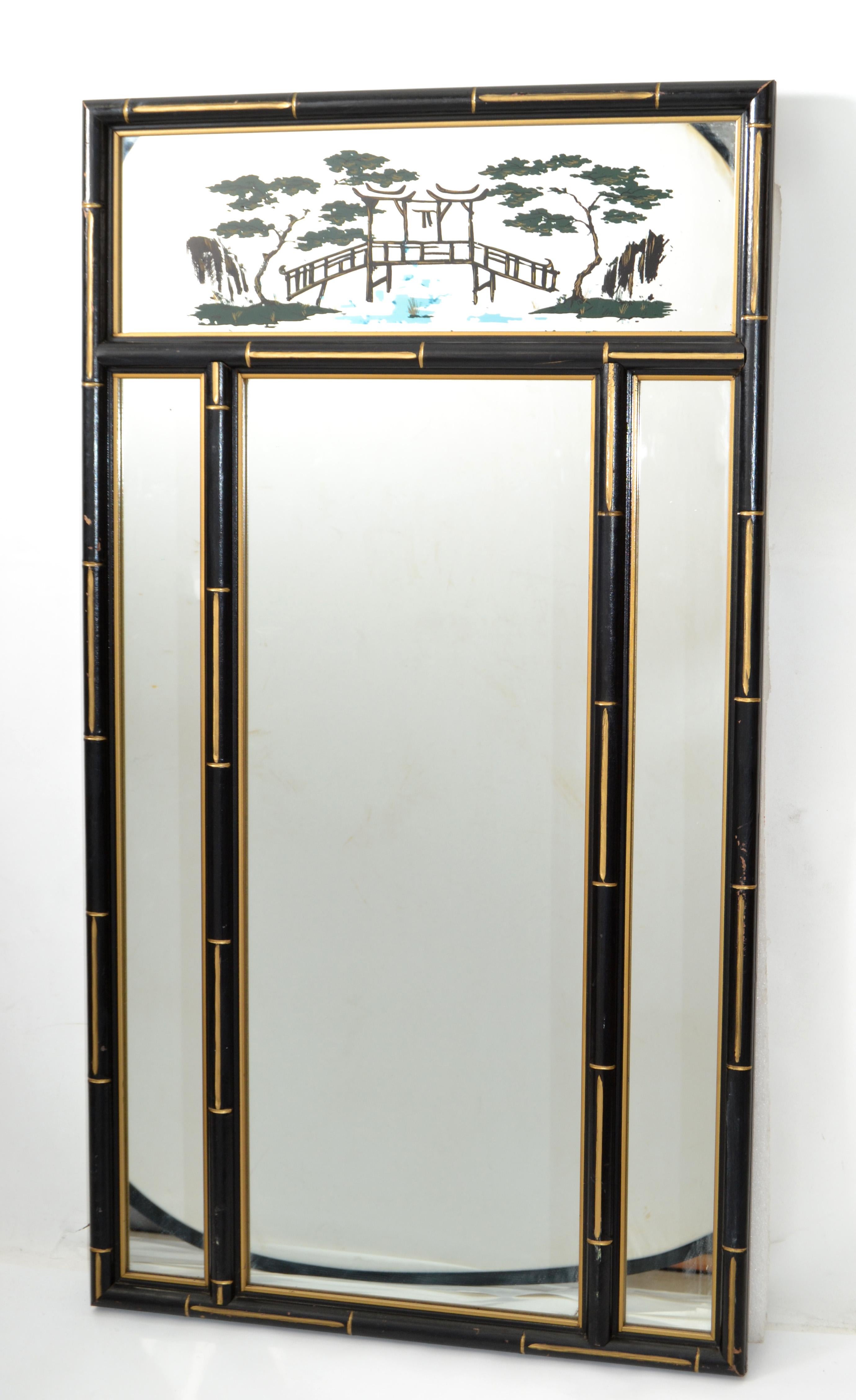 Hand-Painted Chinoiserie Faux Bamboo Wall Mirror Black & Gold Finish Chinese Export, 1970 For Sale