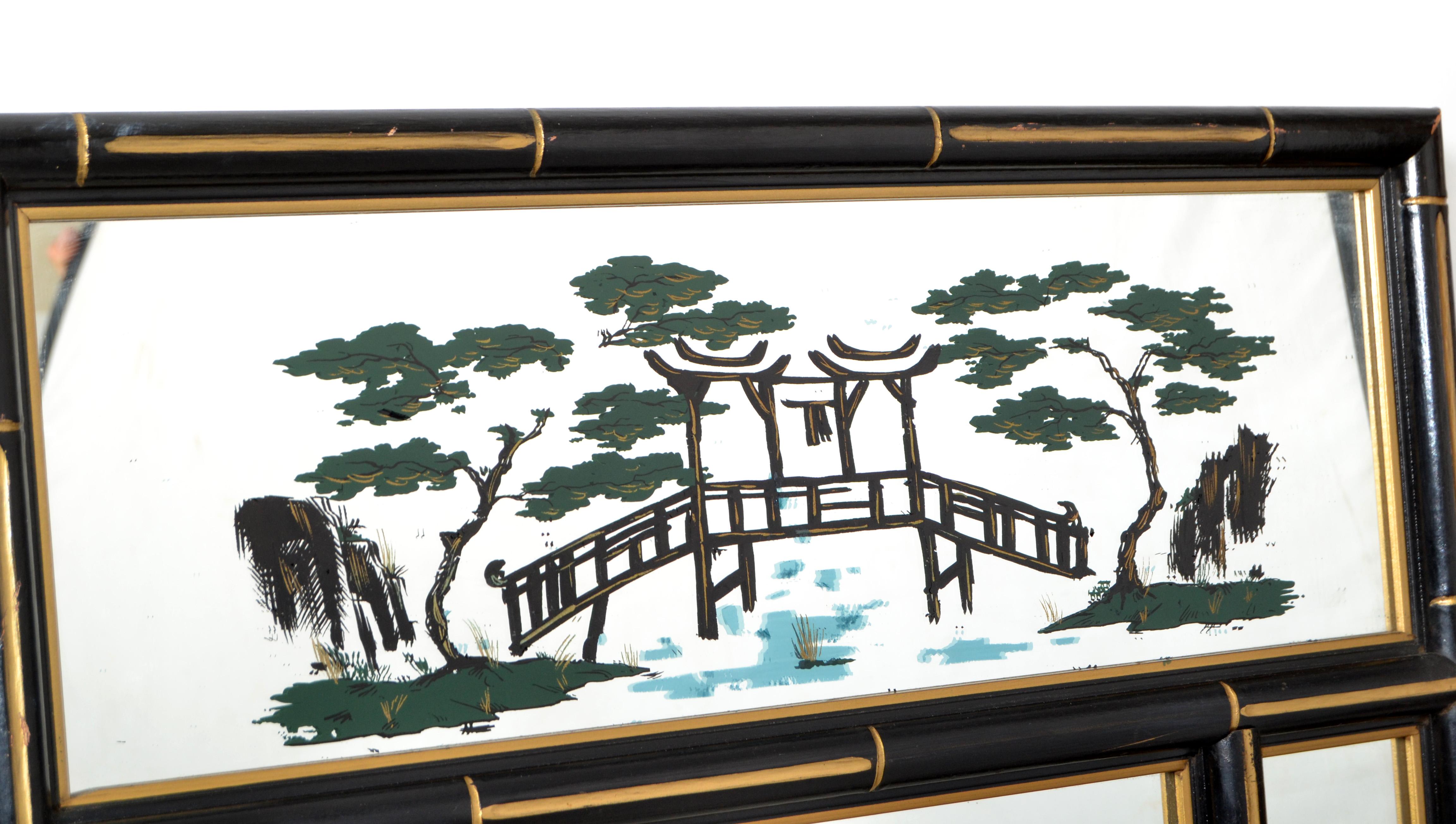 20th Century Chinoiserie Faux Bamboo Wall Mirror Black & Gold Finish Chinese Export, 1970 For Sale