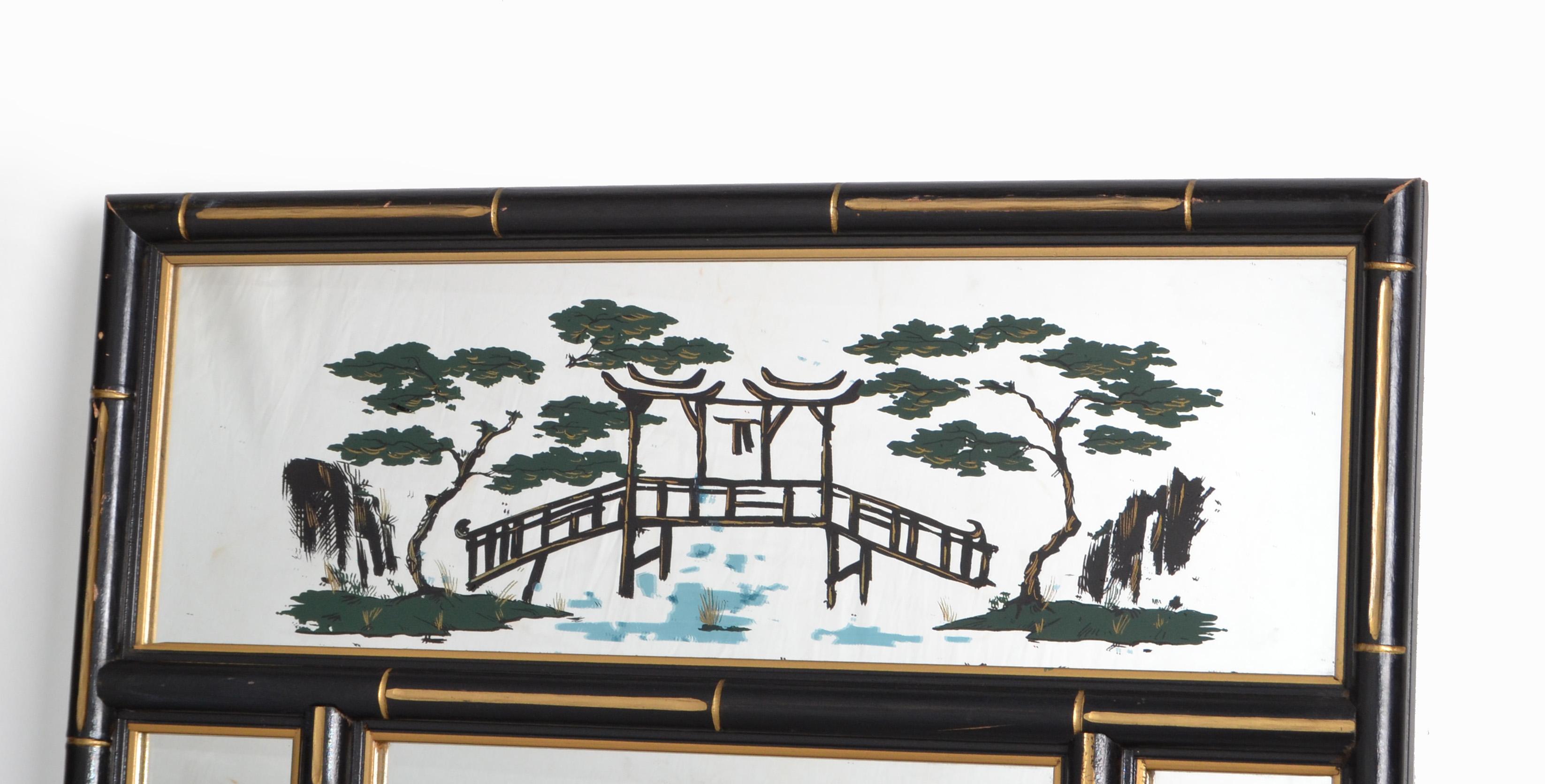 Chinoiserie Faux Bamboo Wall Mirror Black & Gold Finish Chinese Export, 1970 For Sale 1