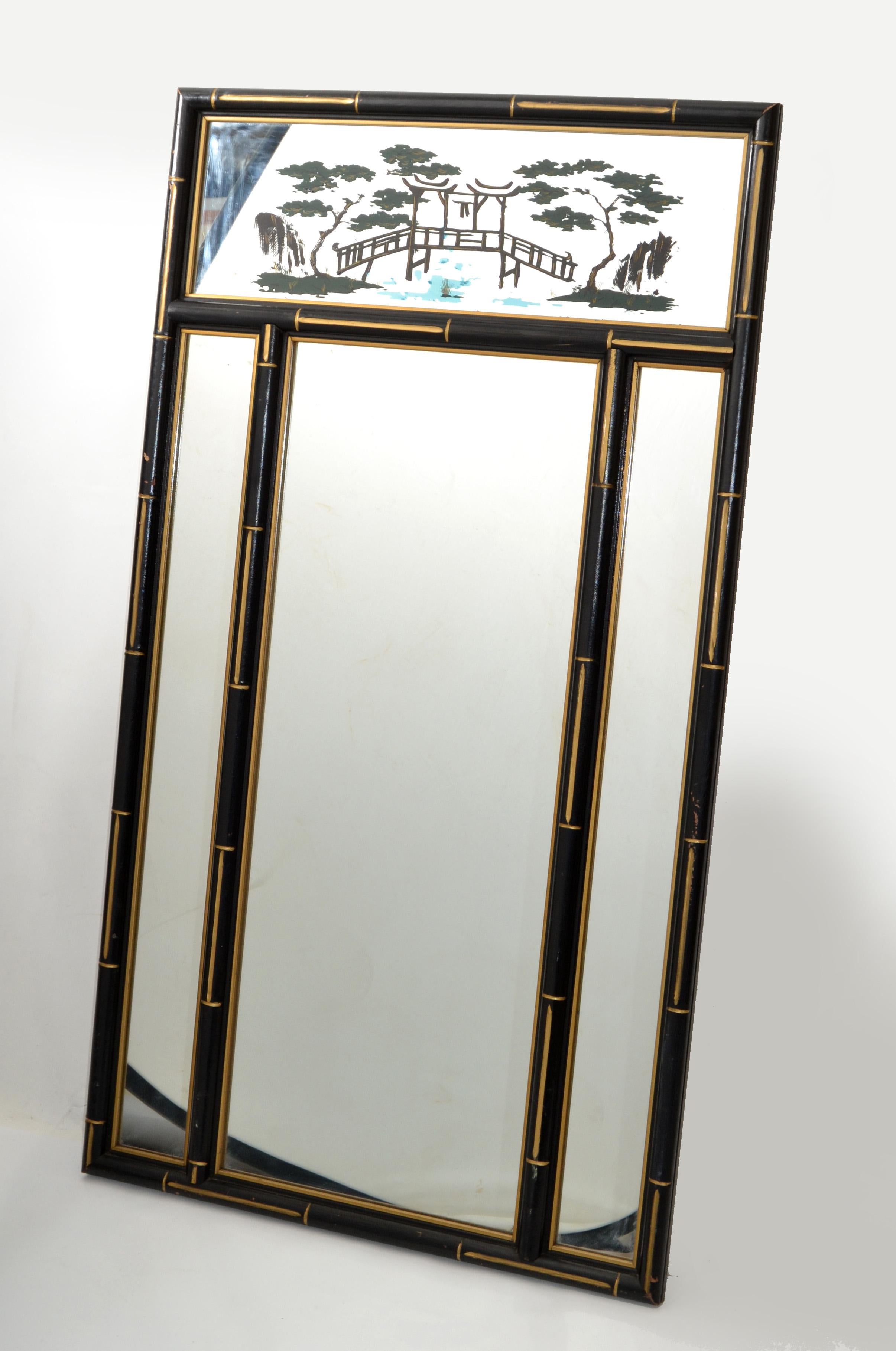 Chinoiserie Faux Bamboo Wall Mirror Black & Gold Finish Chinese Export, 1970 For Sale 2