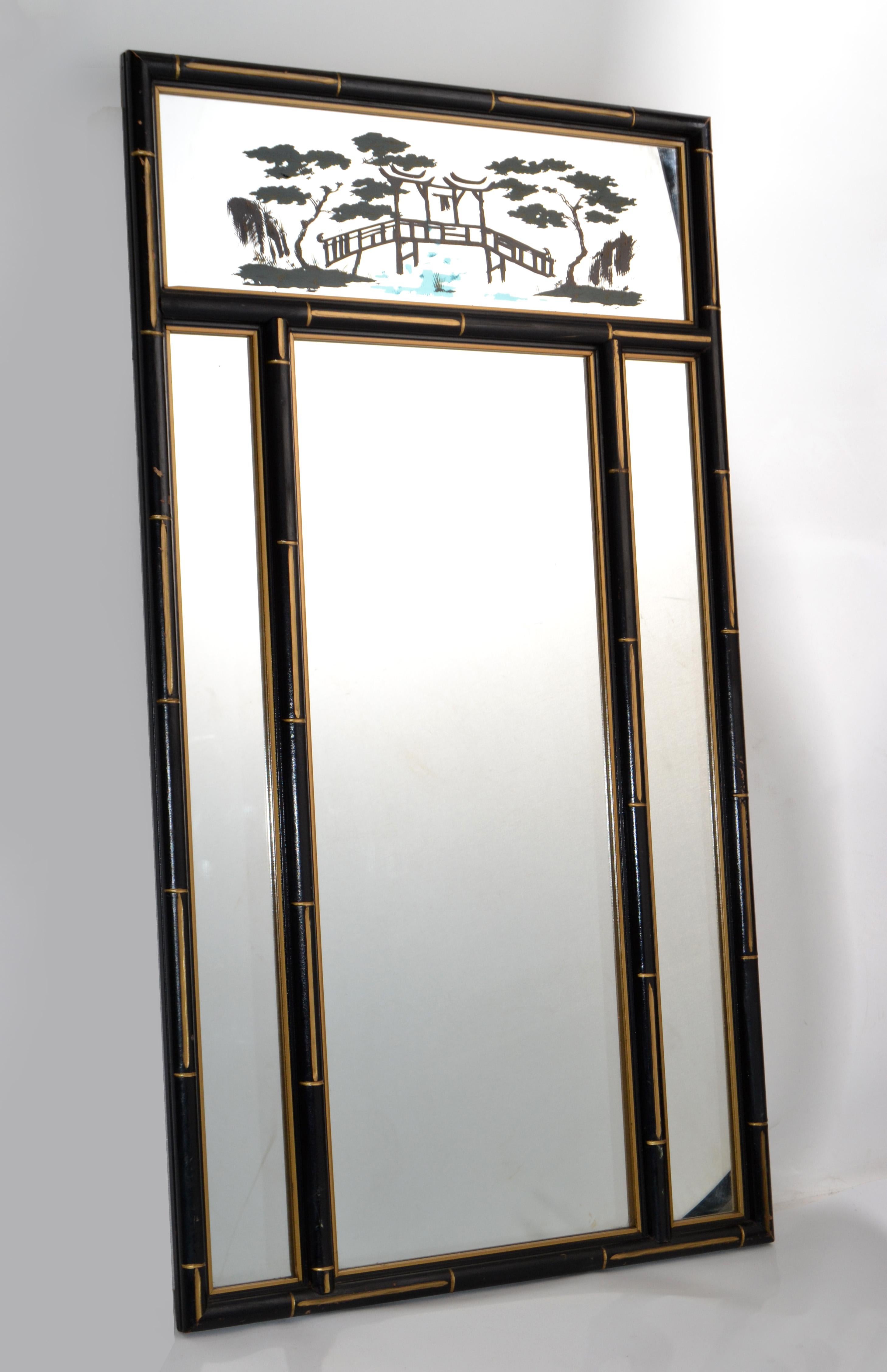 Chinoiserie Faux Bamboo Wall Mirror Black & Gold Finish Chinese Export, 1970 For Sale 3