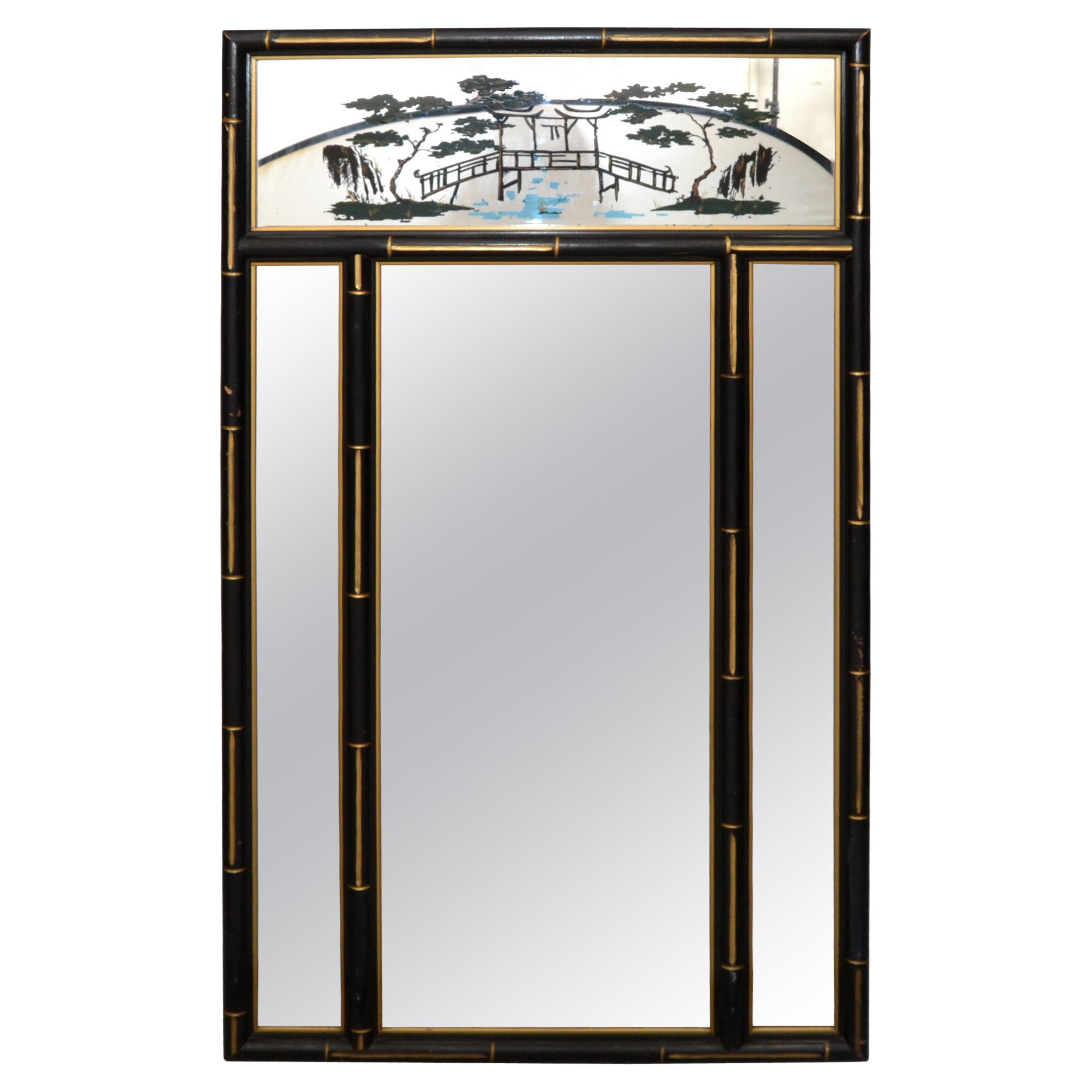 Chinoiserie Faux Bamboo Wandspiegel Schwarz & Gold Finish Chinesisch Export, 1970