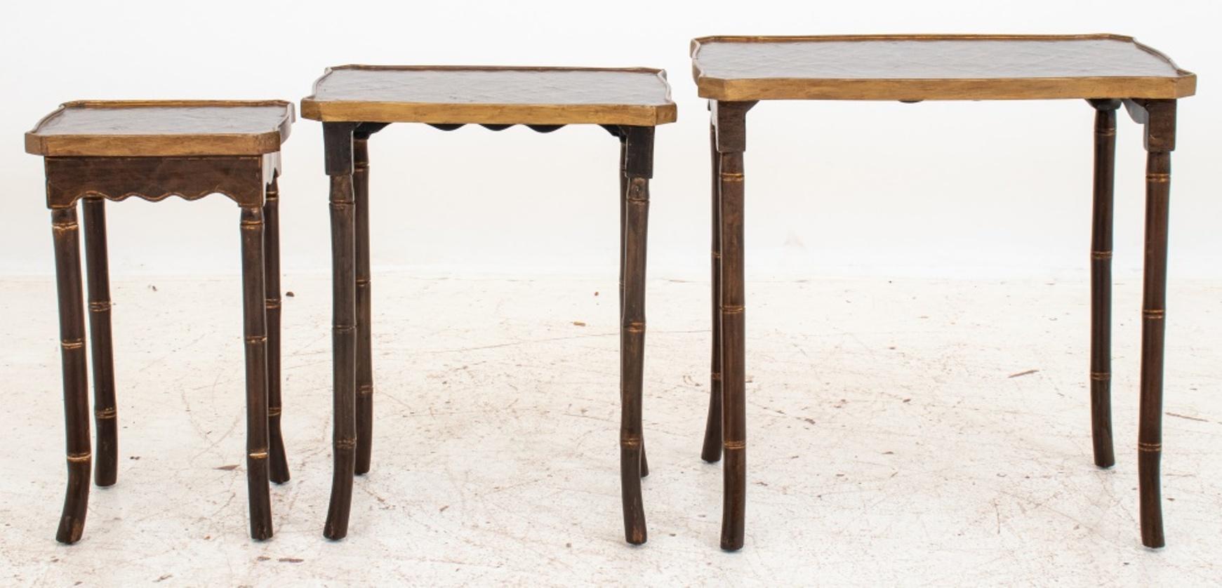 Chinoiserie Faux Bamboo Wood Nesting Table, Set of 3 In Good Condition For Sale In New York, NY