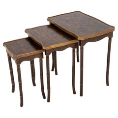 Antique Chinoiserie Faux Bamboo Wood Nesting Table, Set of 3