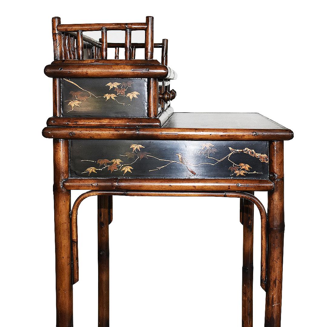 English Chinoiserie Faux Tortoise Bamboo Japanned Desk or Writing Table, 1800s, England