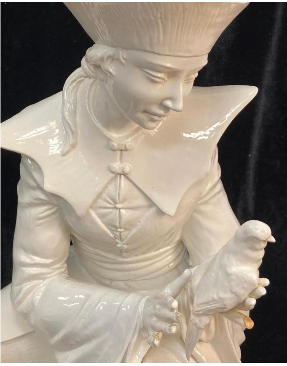Voici une magnifique statue en porcelaine blanche signée D. Polouiato représentant un jeune homme chinois tenant un oiseau. 

Mesure 22