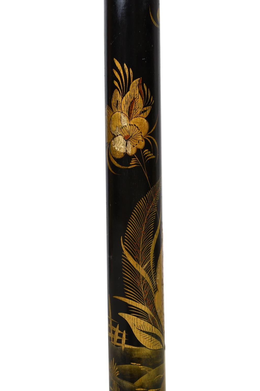 Brass Chinoiserie Floor Lamp in Polychromed Wood w/ Hand-Painted Scene, England 1932 For Sale