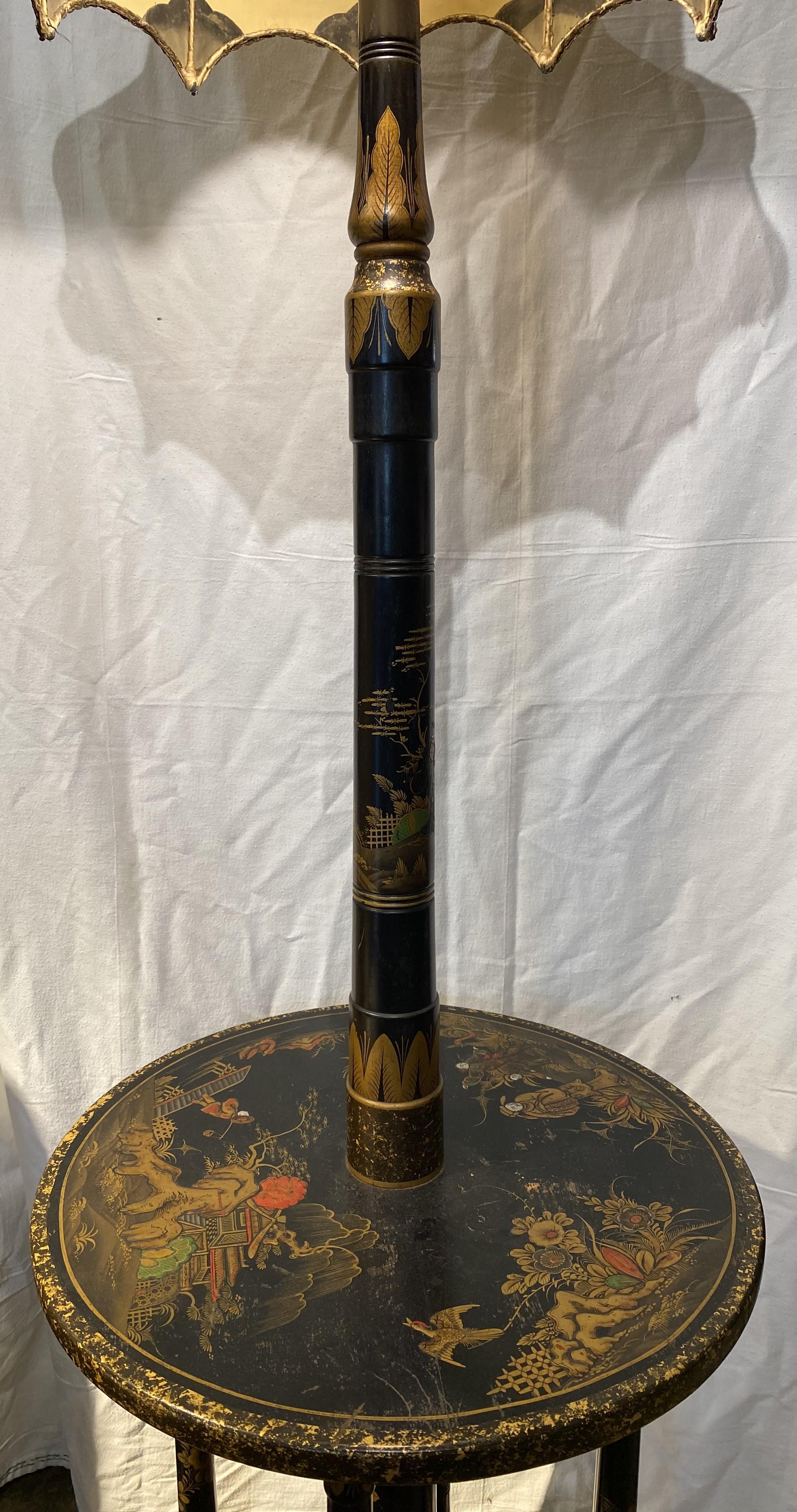 Hand-Carved Chinoiserie Floor Lamp with Table Base & Linen Painted Shade For Sale