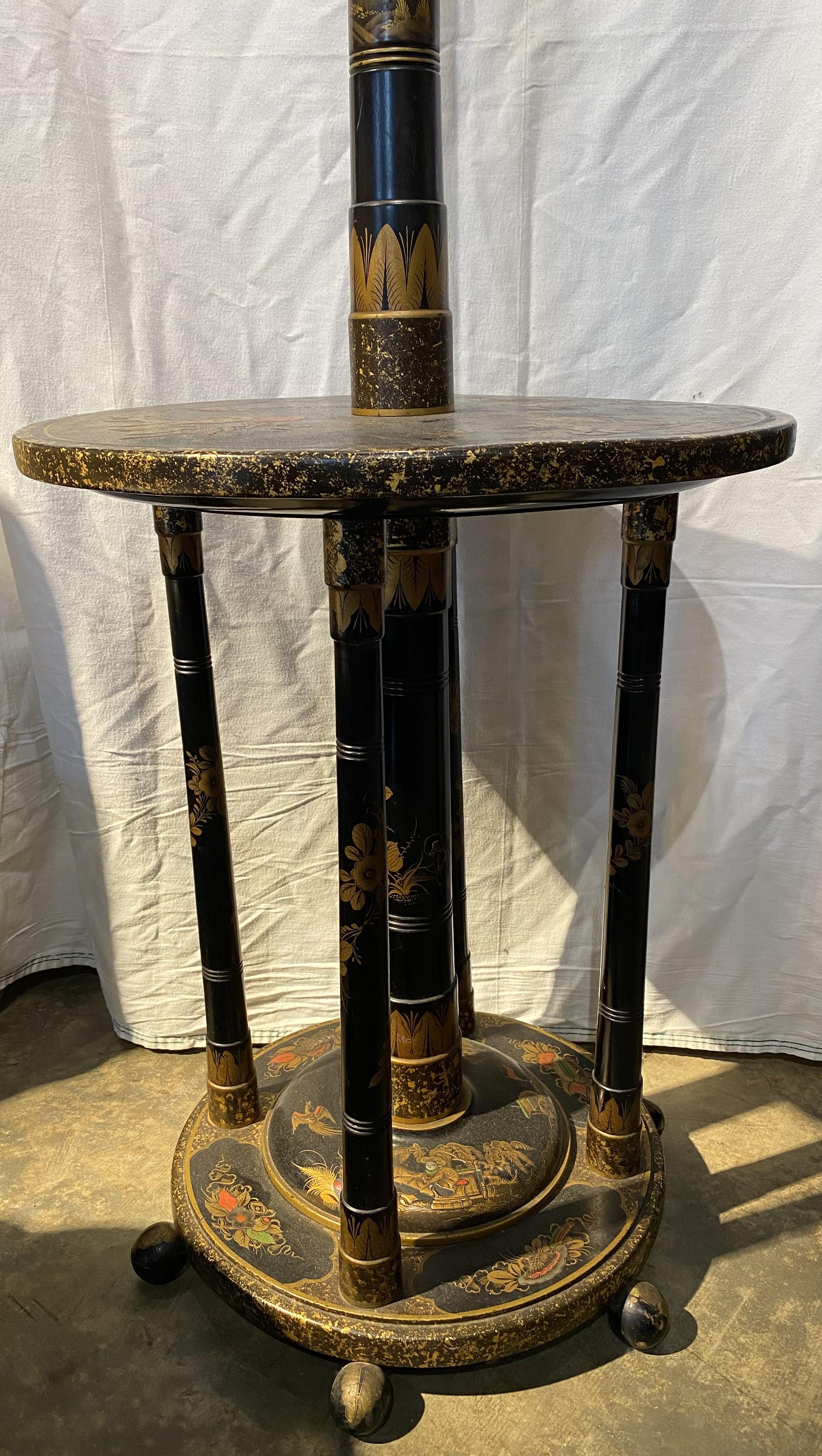 Chinoiserie Floor Lamp with Table Base & Linen Painted Shade In Good Condition For Sale In Milford, NH