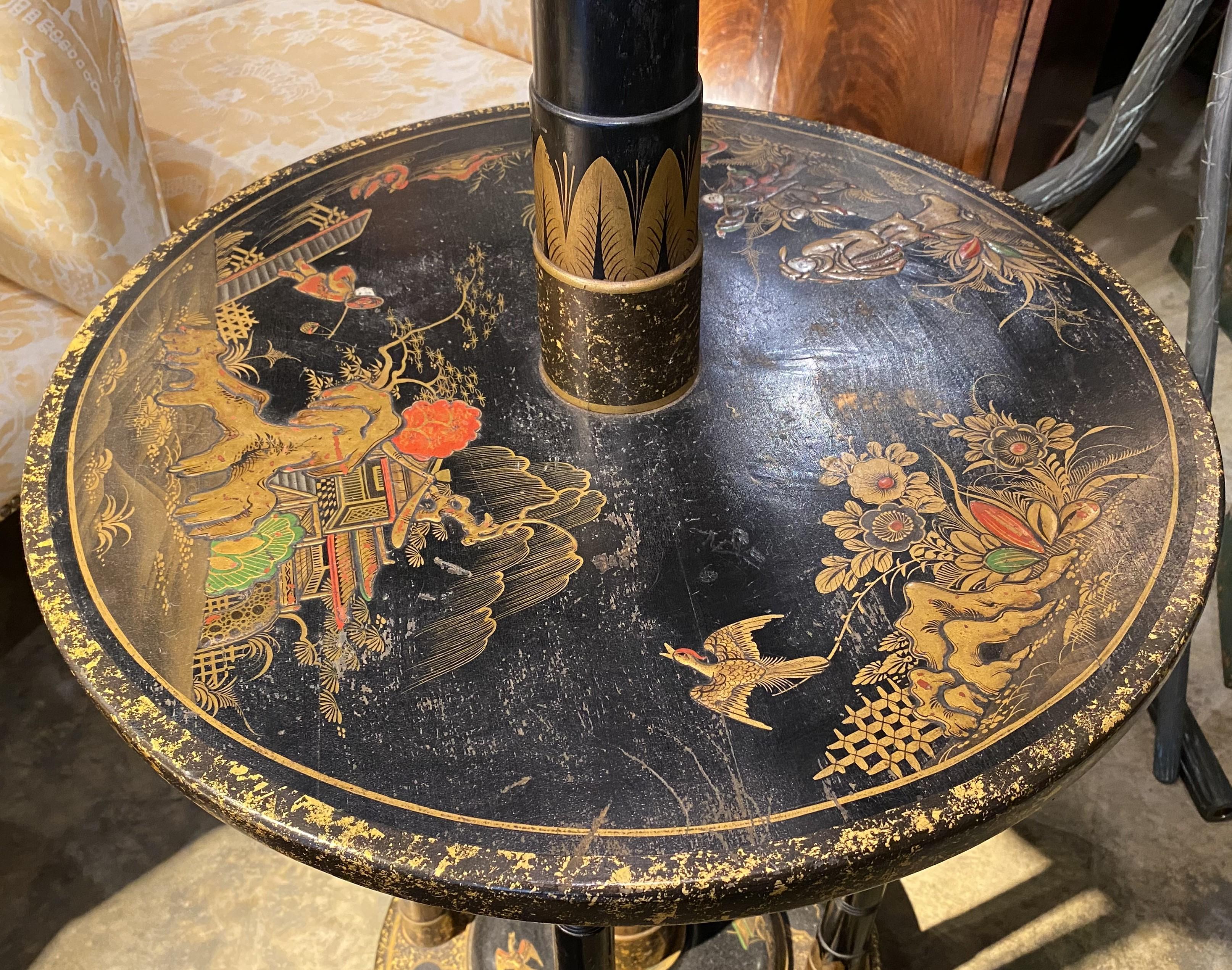 20th Century Chinoiserie Floor Lamp with Table Base & Linen Painted Shade For Sale