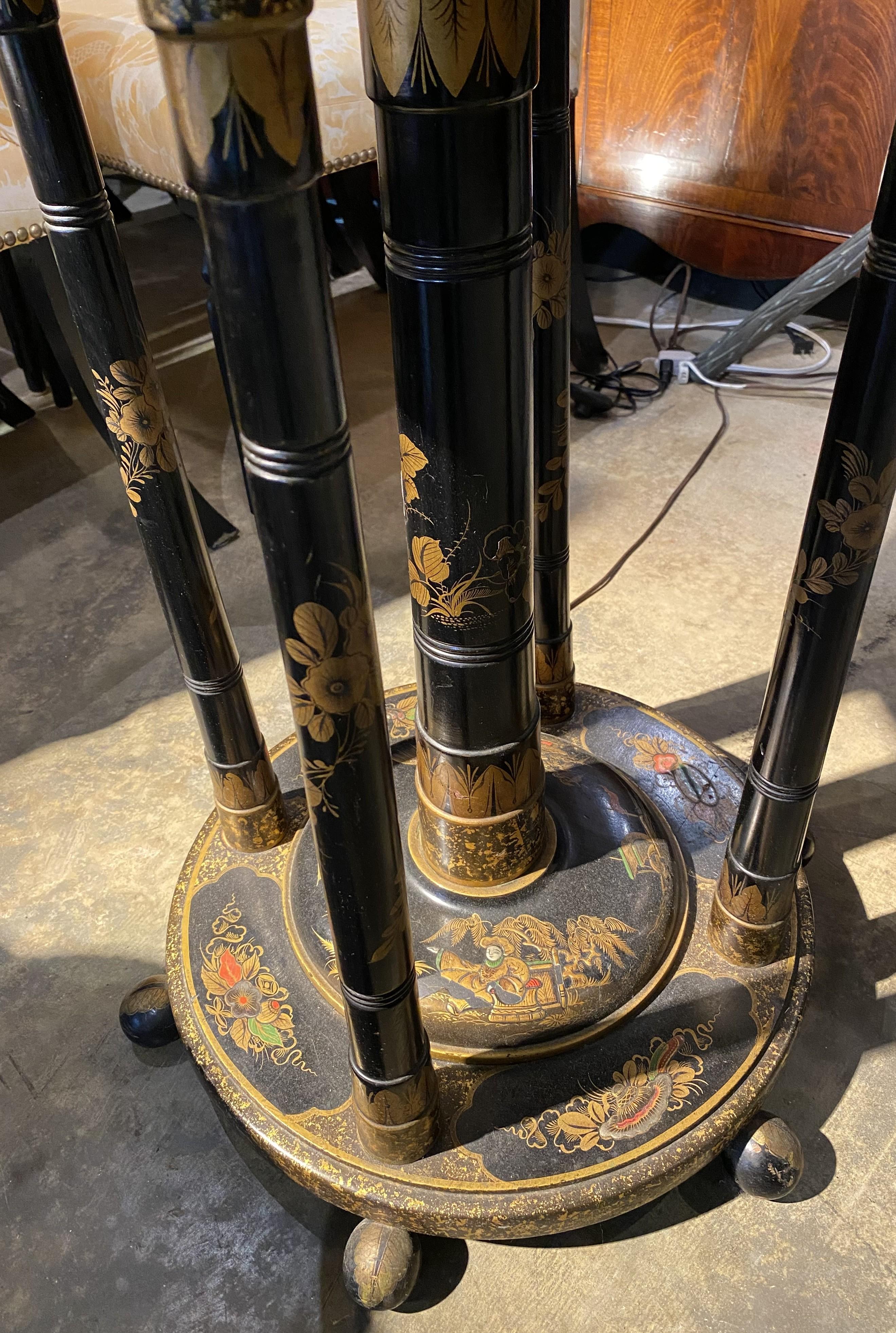 Chinoiserie Floor Lamp with Table Base & Linen Painted Shade For Sale 1