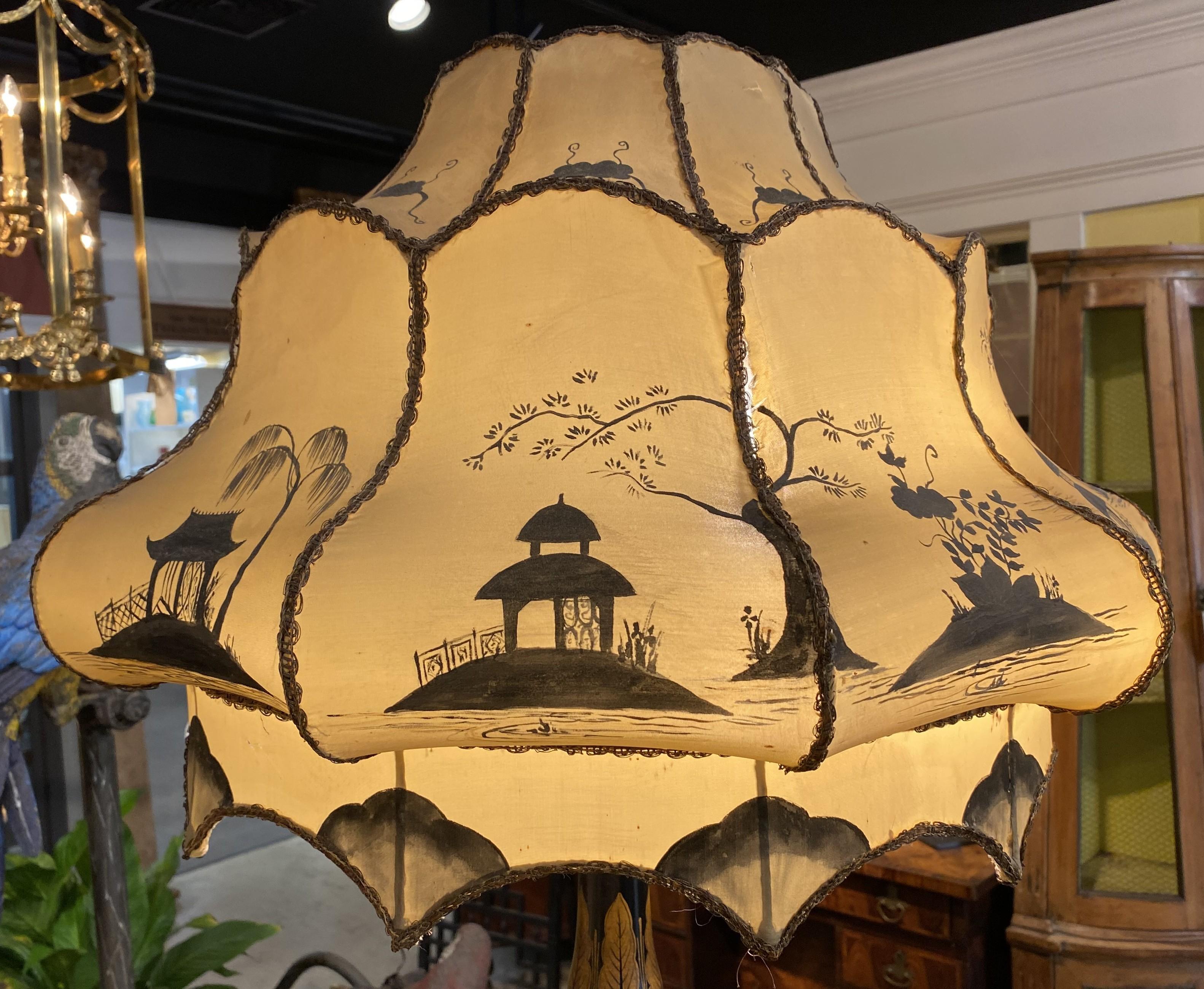 Chinoiserie Floor Lamp with Table Base & Linen Painted Shade For Sale 4