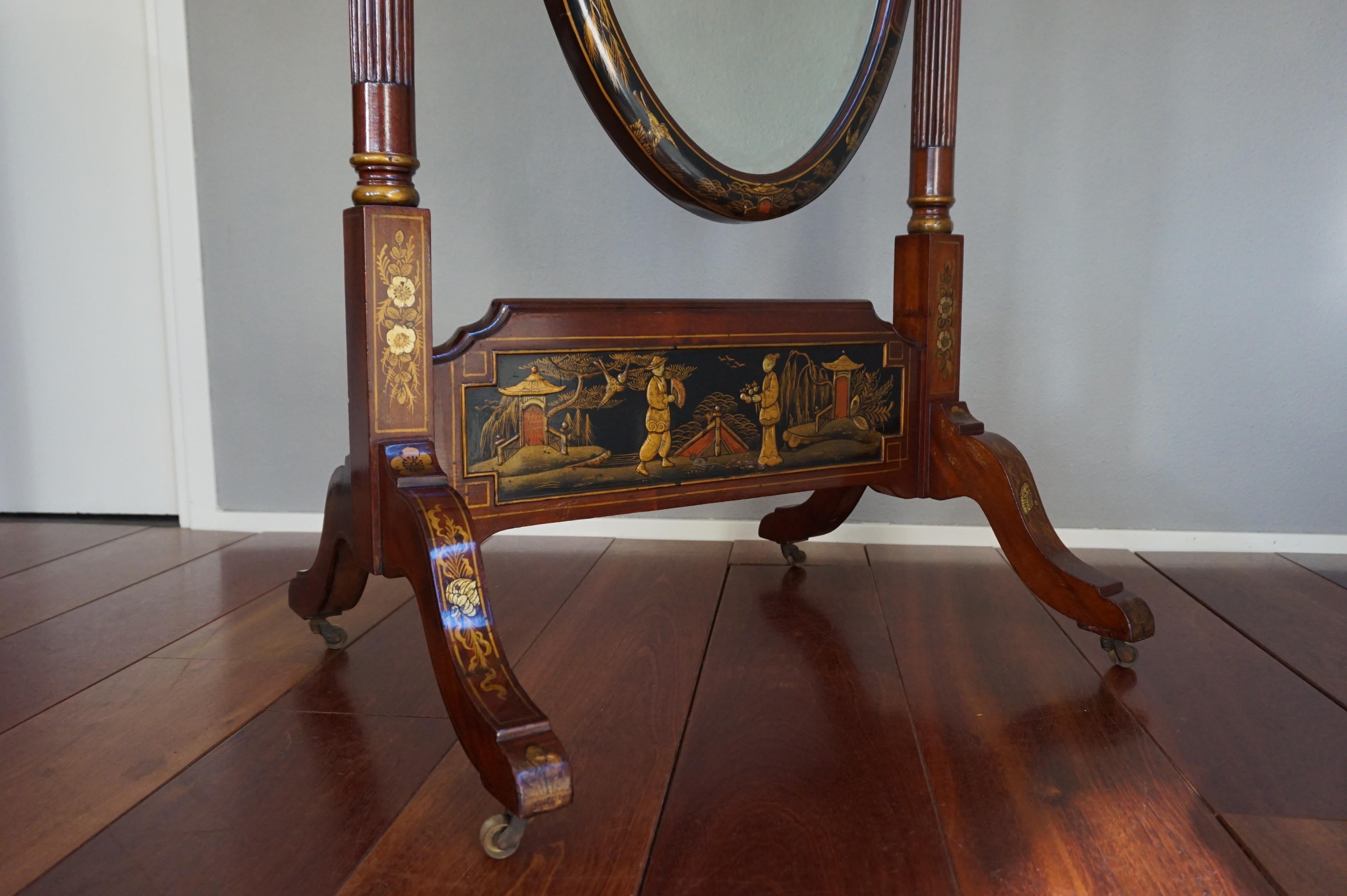 Chinoiserie Floor/ Length Mirror with Hand Painted Decor on Mahogany Frame 6