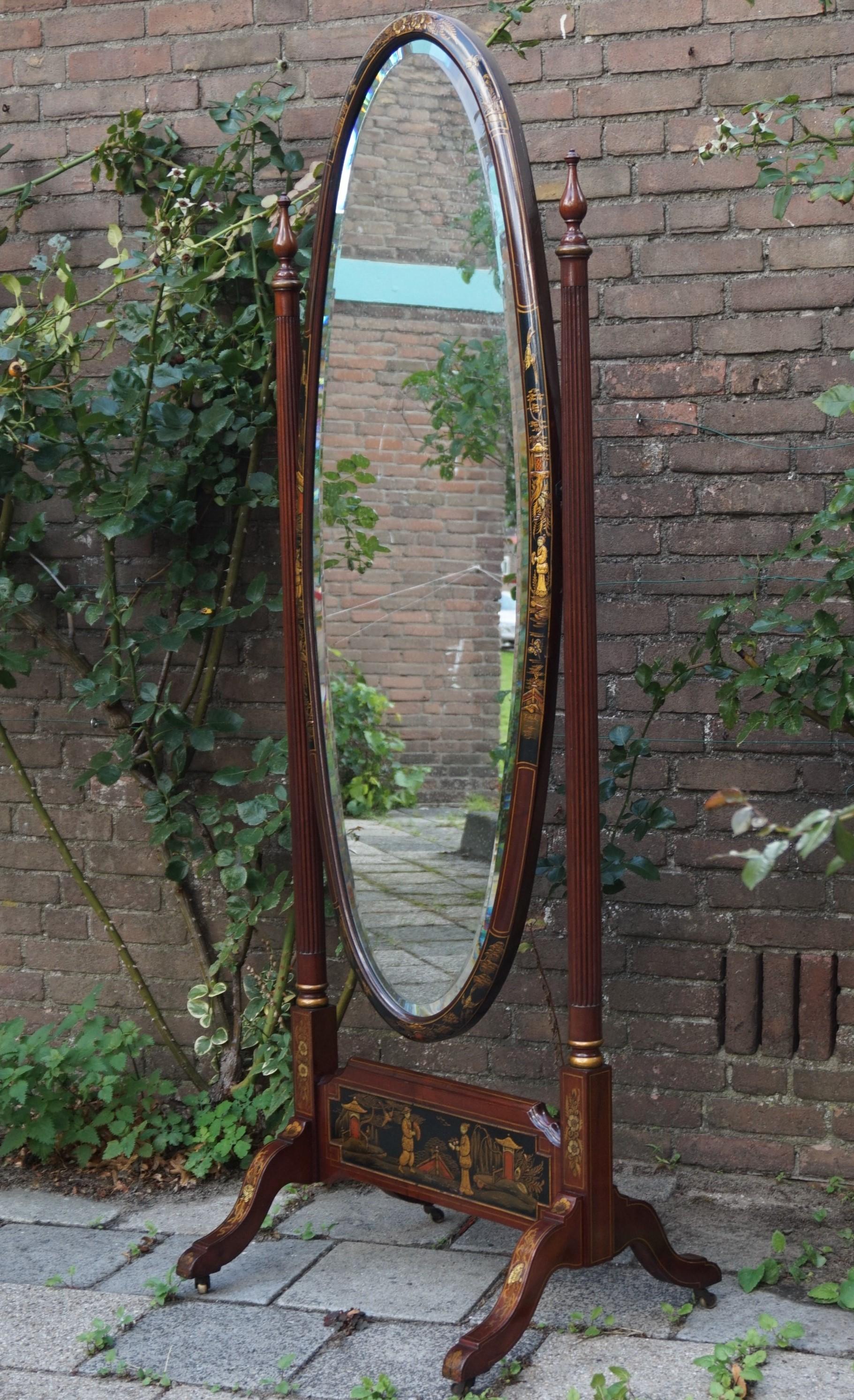 Chinoiserie Floor/ Length Mirror with Hand Painted Decor on Mahogany Frame 8