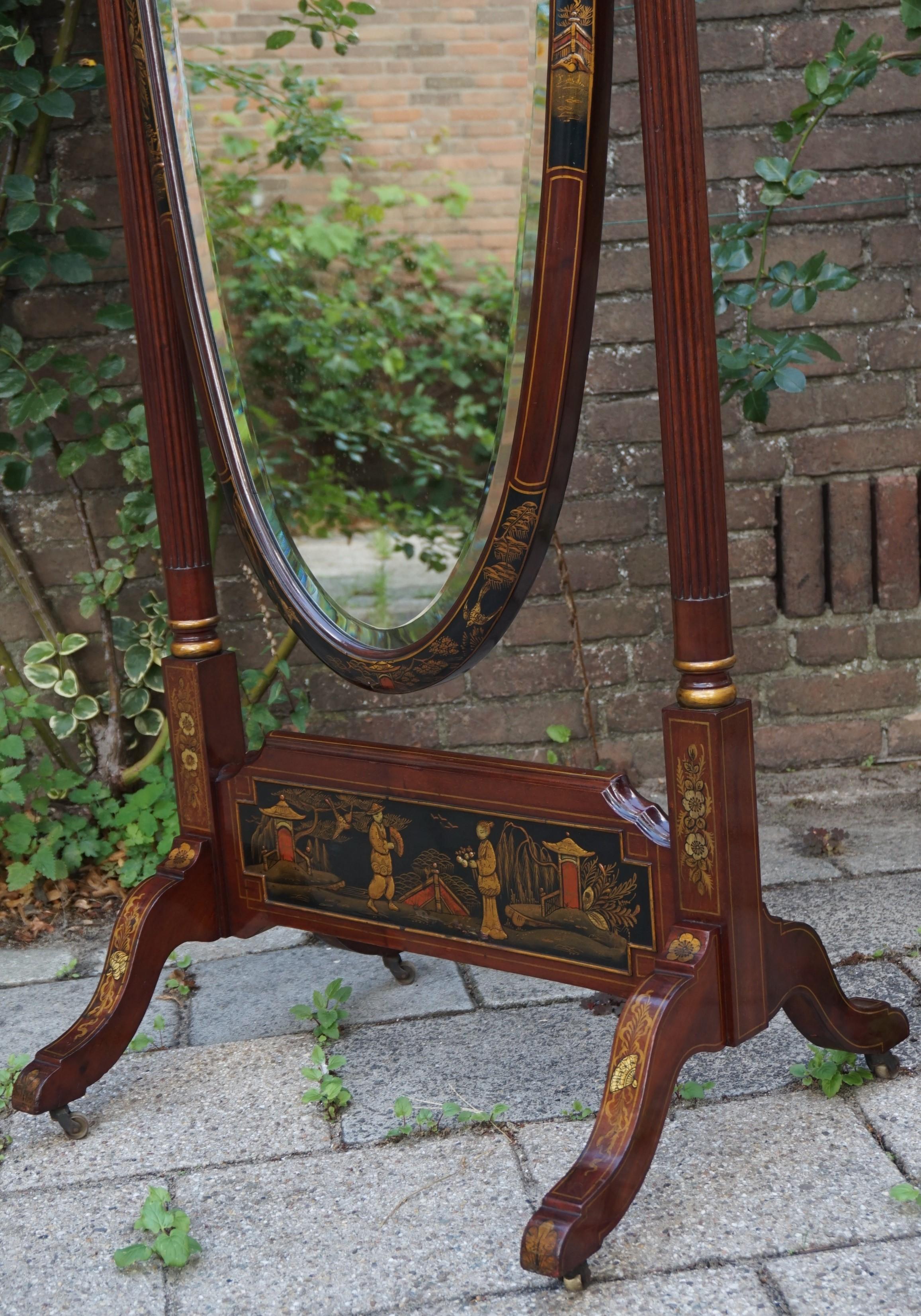 Unique Chinoiserie mirror with courting male and female decor.

This movable antique mirror in the Chinoiserie style is the second piece of a unique bedroom suite that we are offering to the 1stdibs community and it is almost perfect. It stands on