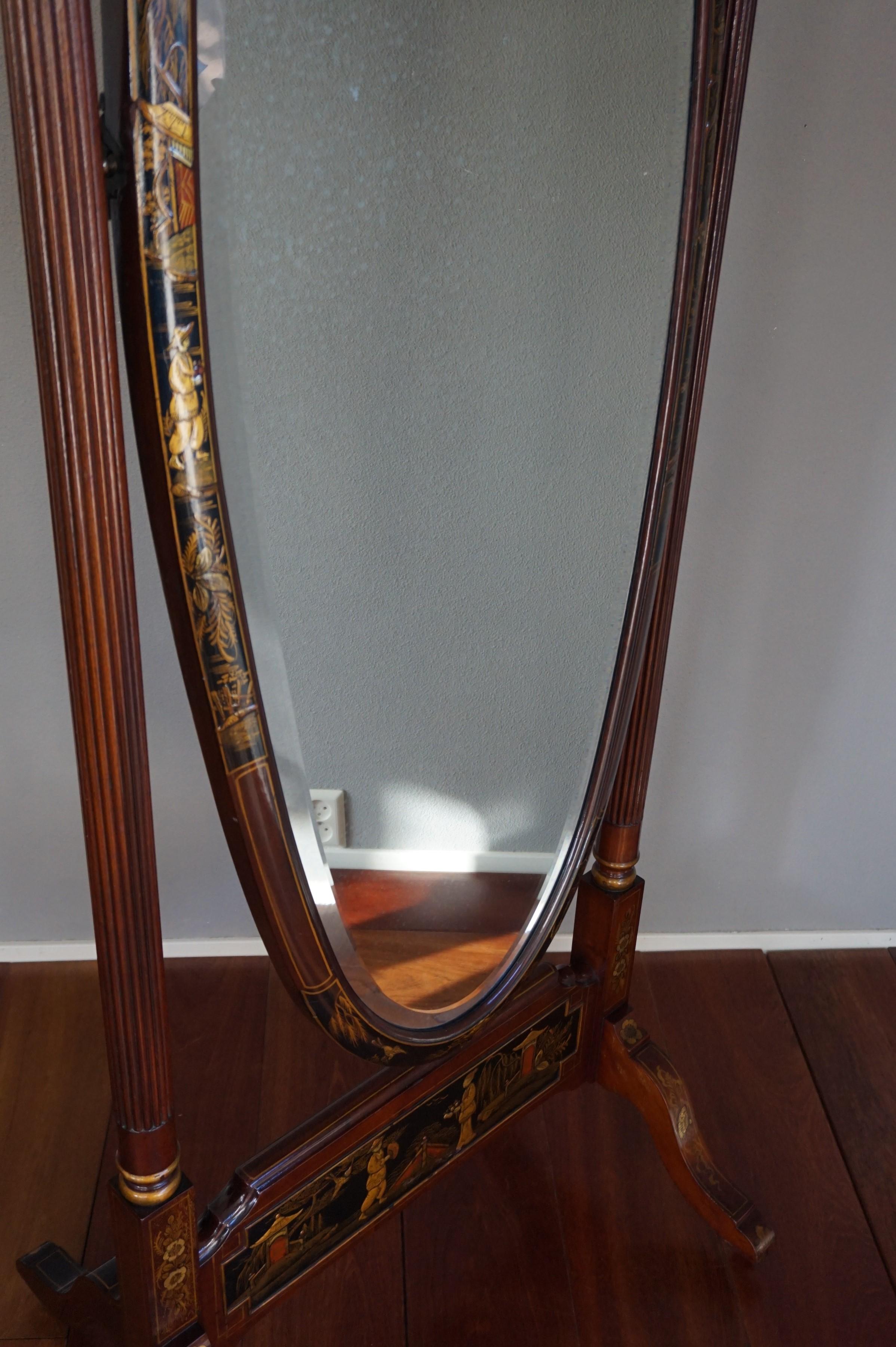 Chinoiserie Floor/ Length Mirror with Hand Painted Decor on Mahogany Frame In Excellent Condition In Lisse, NL