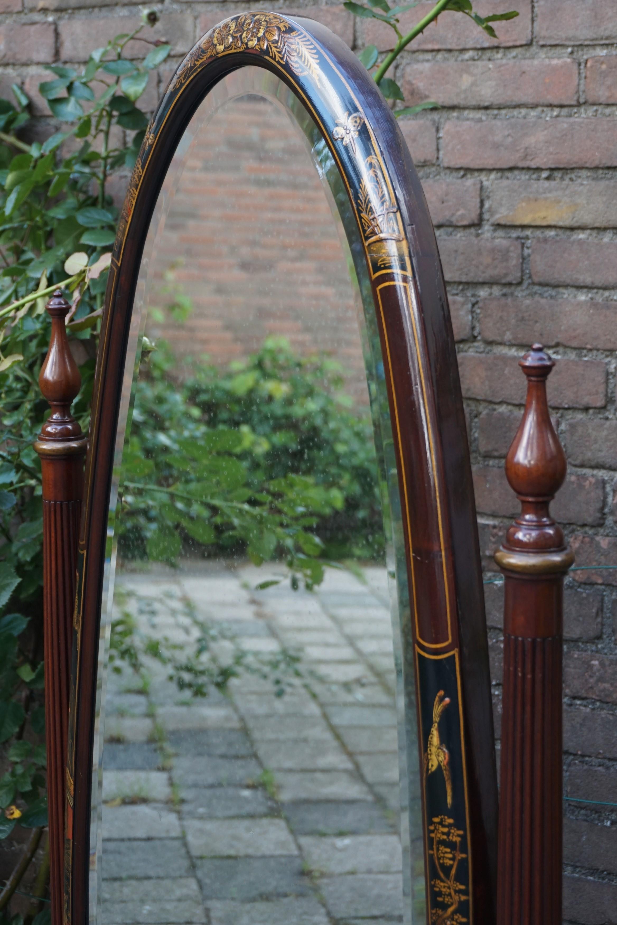 19th Century Chinoiserie Floor/ Length Mirror with Hand Painted Decor on Mahogany Frame