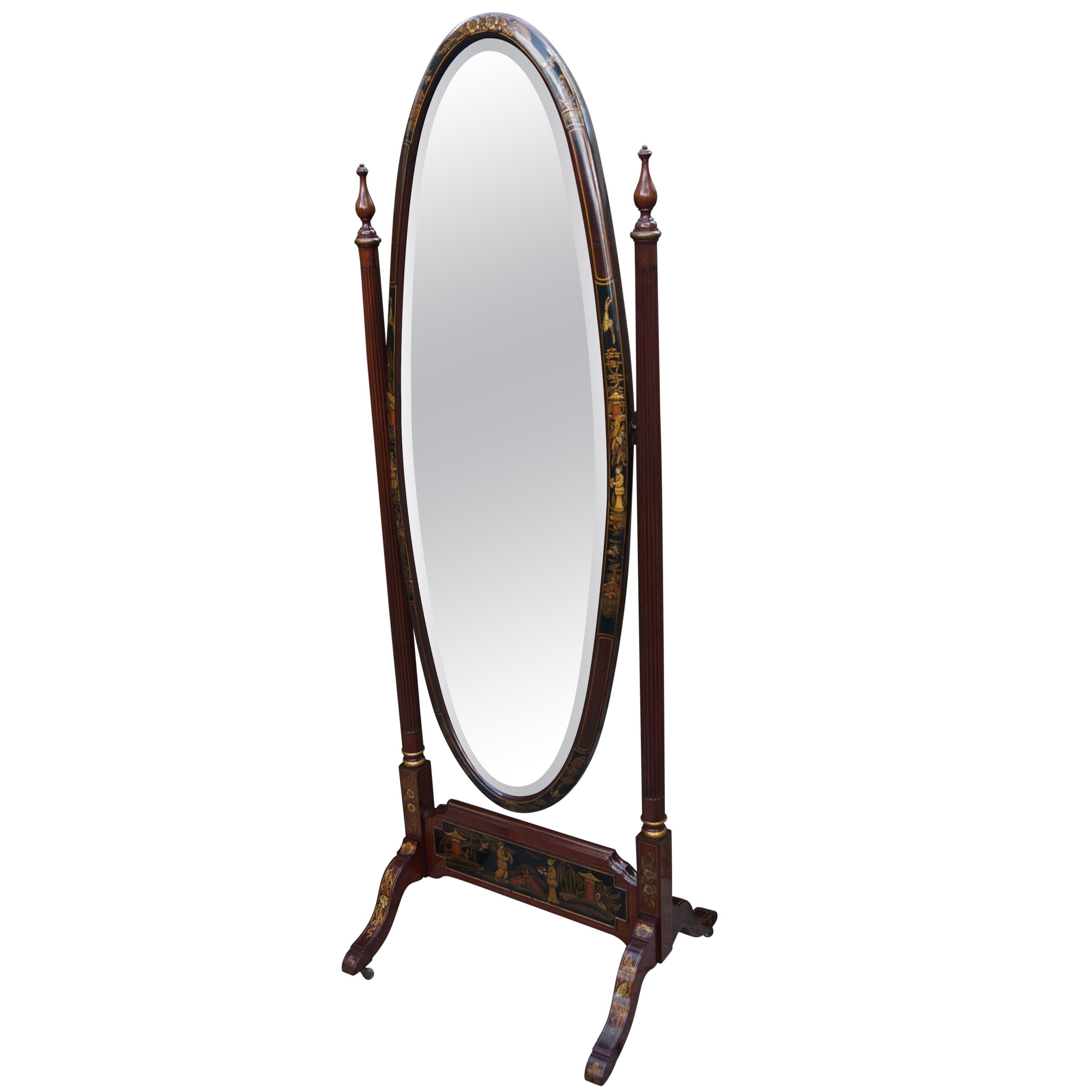 Chinoiserie Floor/ Length Mirror with Hand Painted Decor on Mahogany Frame