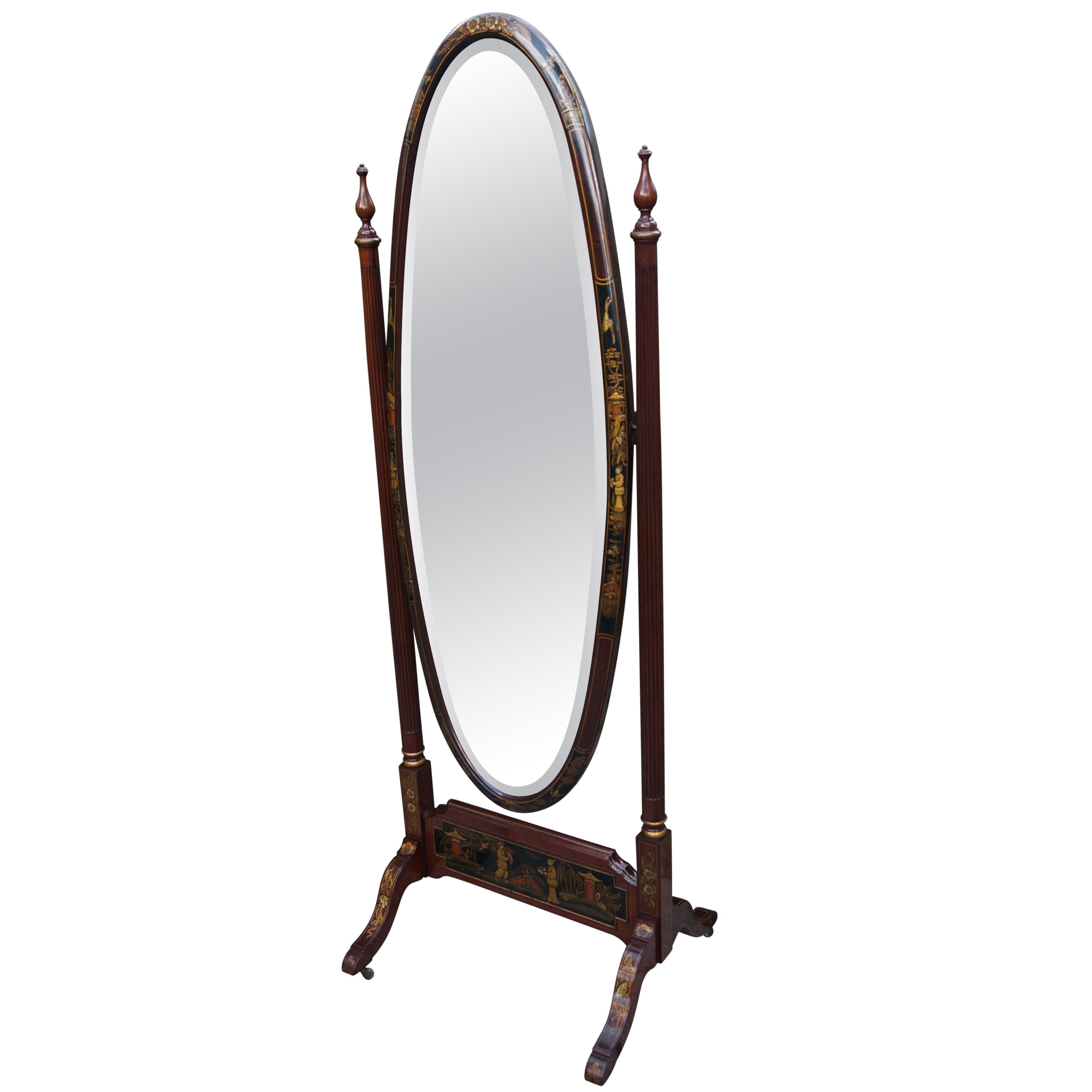 Chinoiserie Floor/ Length Mirror with Hand Painted Decor on Mahogany Frame For Sale at 1stDibs