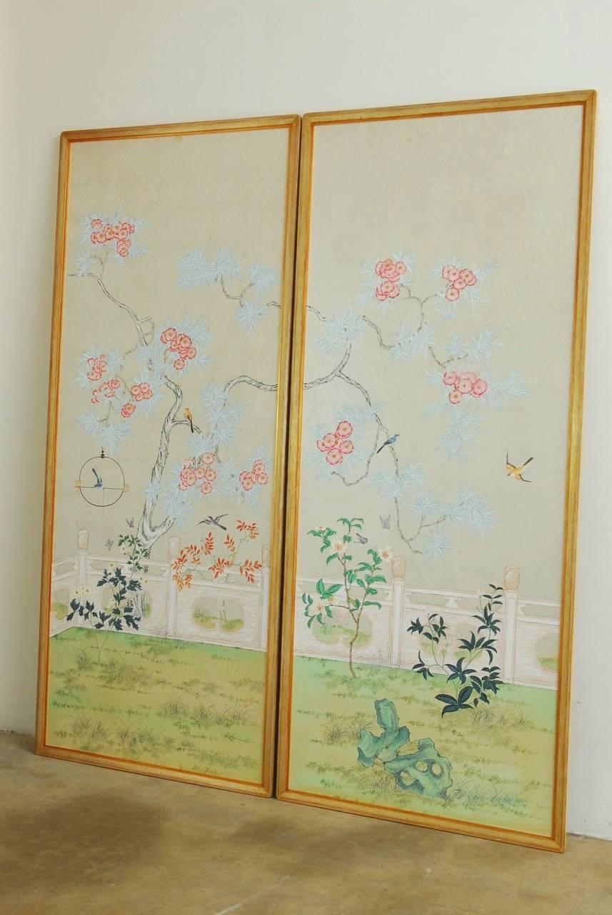 Hollywood Regency Chinoiserie Flora and Fauna Painted Panels by Robert Crowder
