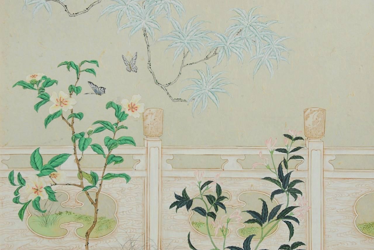 American Chinoiserie Flora and Fauna Painted Panels by Robert Crowder