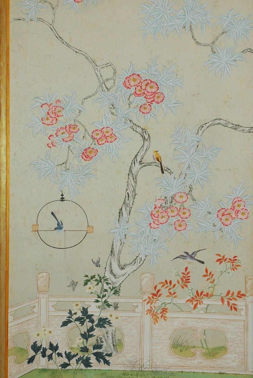 20th Century Chinoiserie Flora and Fauna Painted Panels by Robert Crowder