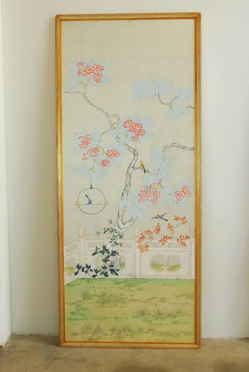 Wood Chinoiserie Flora and Fauna Painted Panels by Robert Crowder