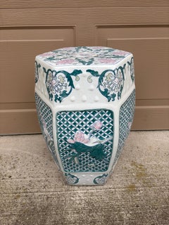 Chinoiserie Floral Green and Pink Porcelain Garden Stool or Side Table