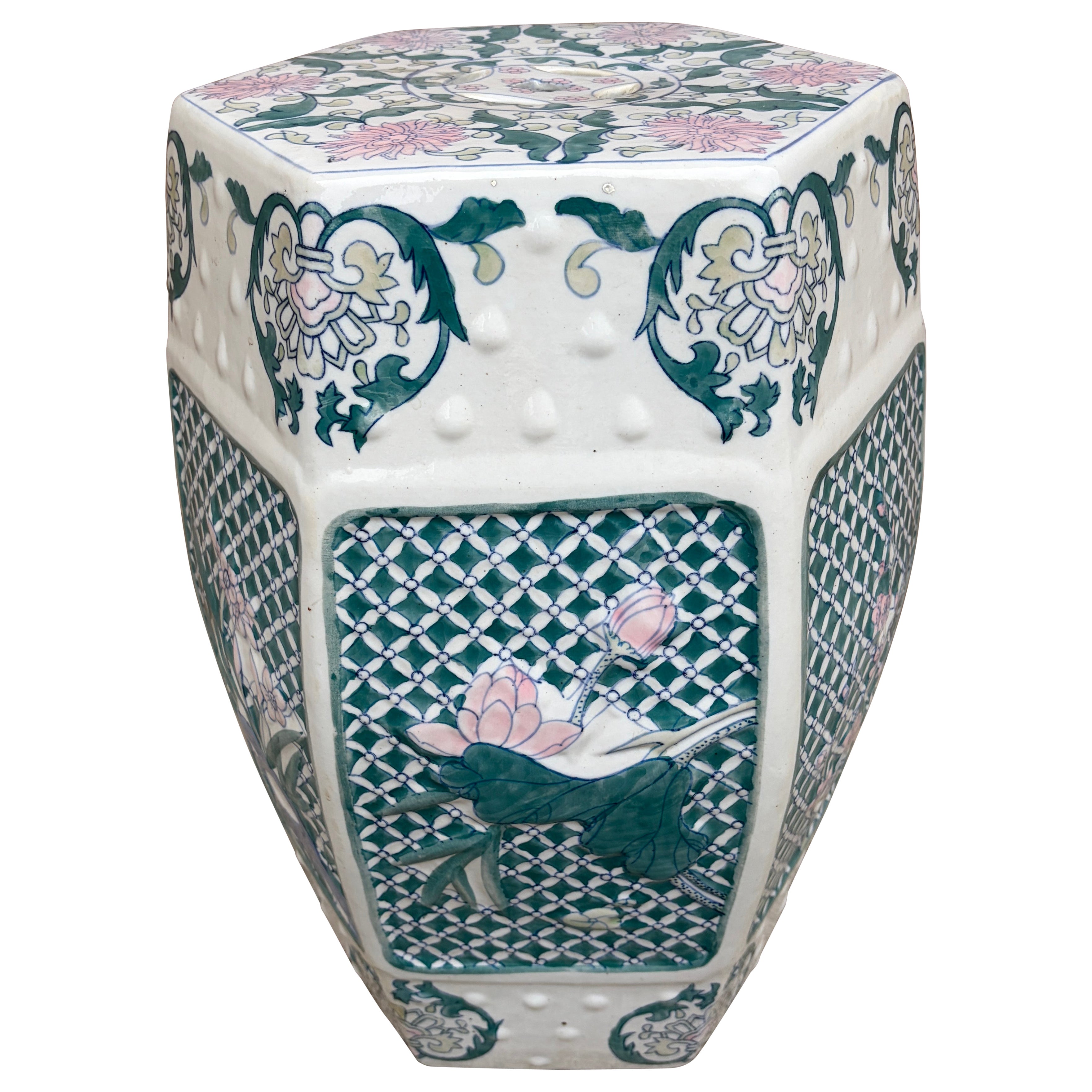 Sgabello o tavolino da giardino in porcellana verde e rosa a motivo floreale Chinoiserie