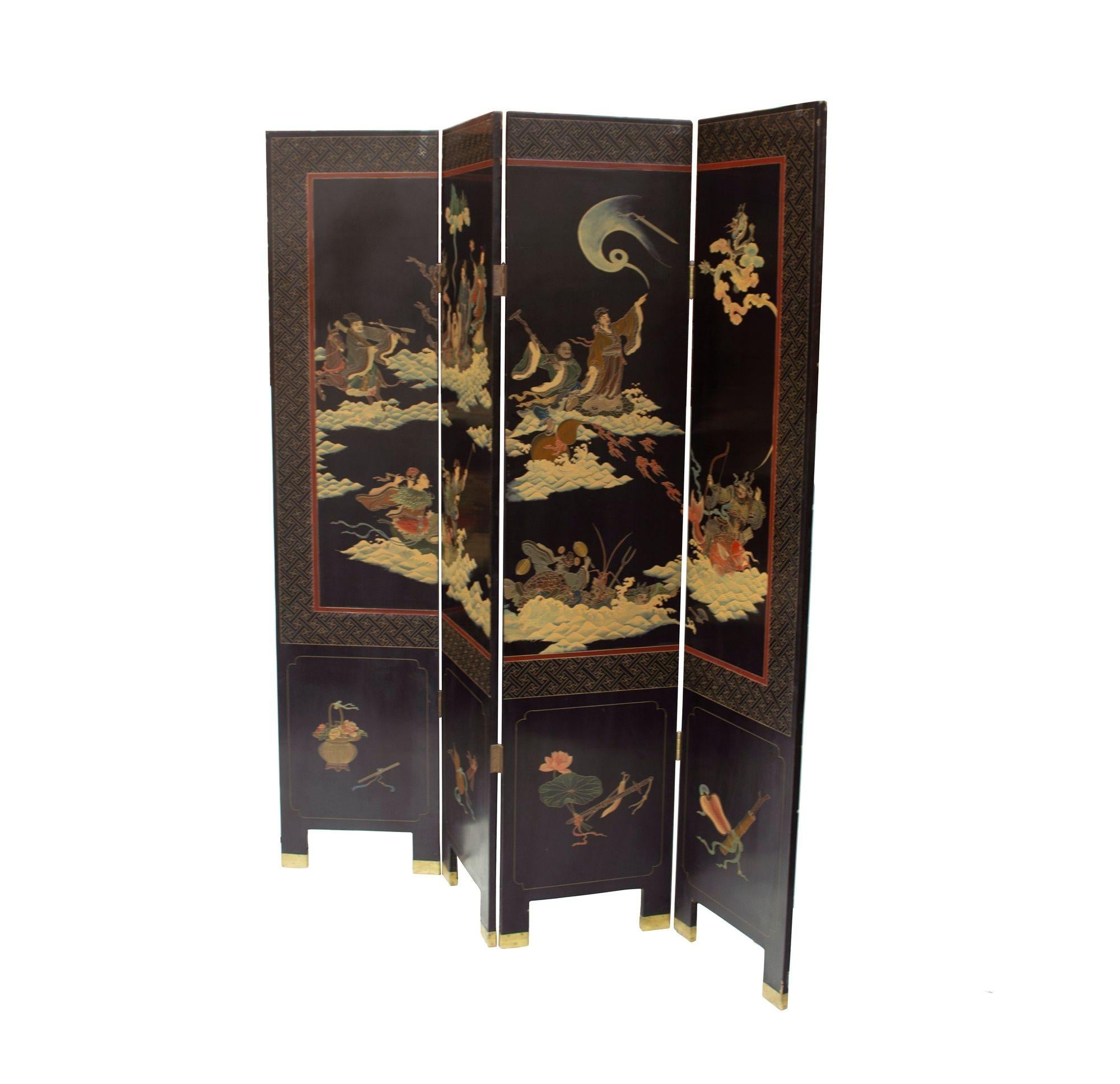 China, 1940s-1960s
Folding screen or room divider in black lacquer with hand painted decoration. Chic and functional chinoiserie piece. Each side of the screen has a different design- one side is florals, birds, and bamboo; the other has a detailed