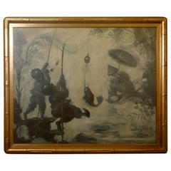 Chinoiserie French Blue Grisaille 19th Century Framed Oil Painting