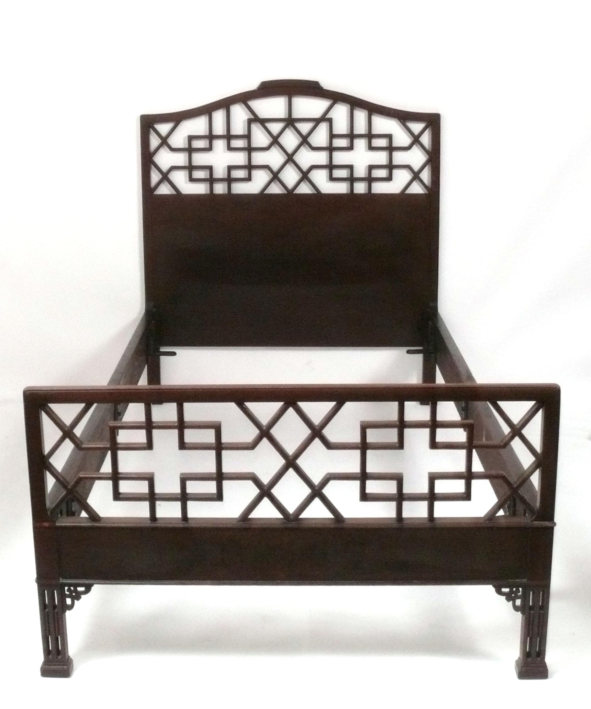 Chinoiserie Fretwork Twin Beds, probably Asian, circa 1950s. They are currently being refinished and can be completed in your choice of color. Would look amazing in a Chinese Red lacquer or whatever custom color you choose! They are priced at $2600