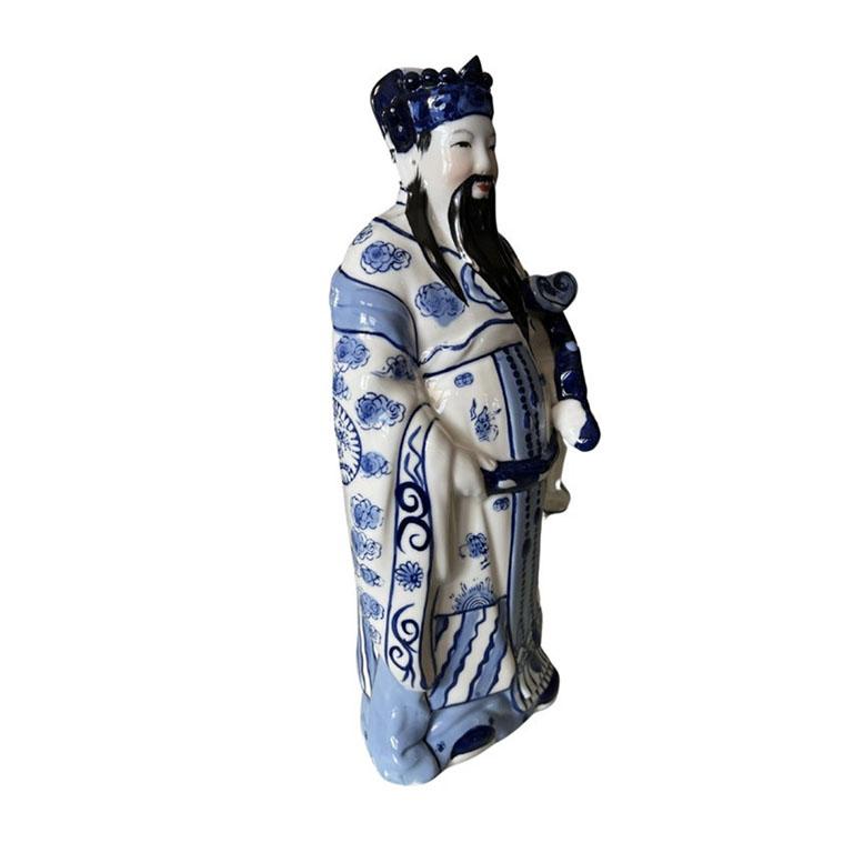 Chinoiserie Fu Lu Shou Ceramic Chinese Prosperity God Figurine in Blue & White In Good Condition For Sale In Oklahoma City, OK