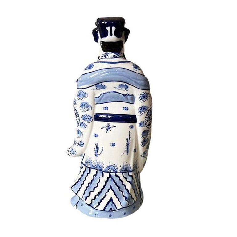 20th Century Chinoiserie Fu Lu Shou Ceramic Chinese Prosperity God Figurine in Blue & White For Sale