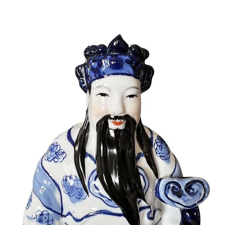 Chinoiserie Fu Lu Shou Ceramic Chinese Prosperity God Figurine in Blue & White For Sale 1