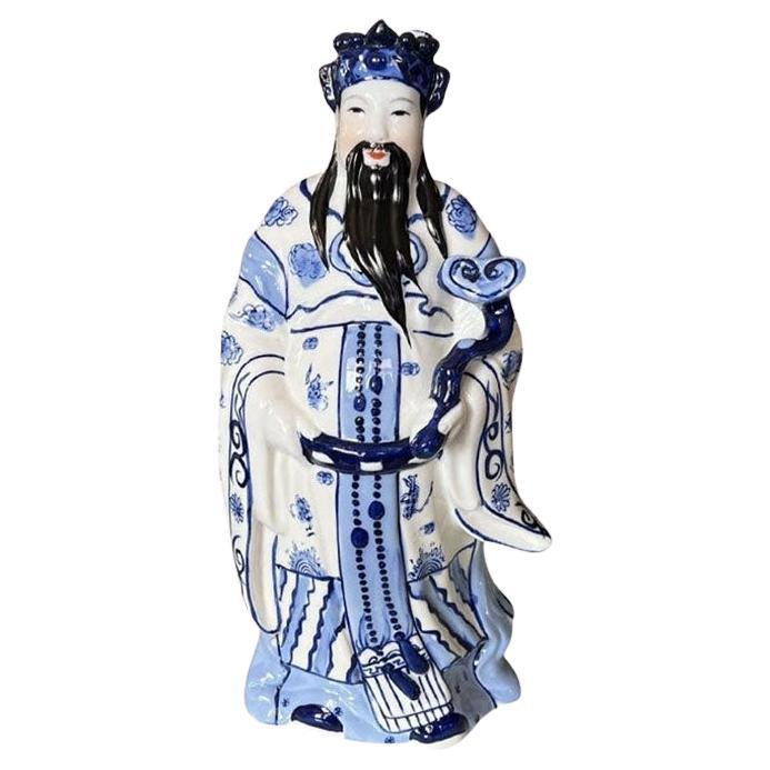 Chinoiserie Fu Lu Shou Ceramic Chinese Prosperity God Figurine in Blue & White