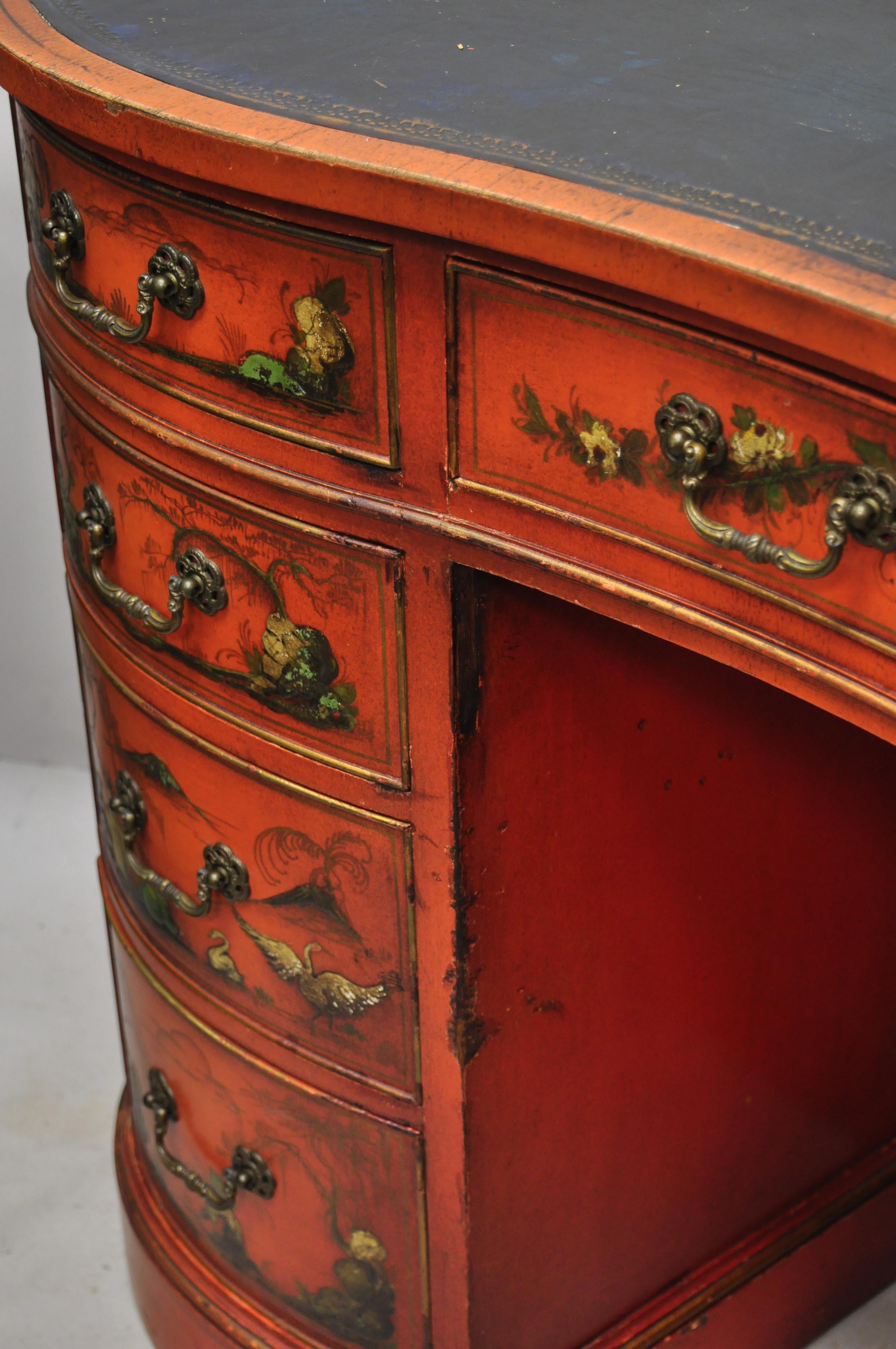 Chinoiserie Georgian Oriental Green Leather Top Red Lacquer Kidney Shape Desk 5