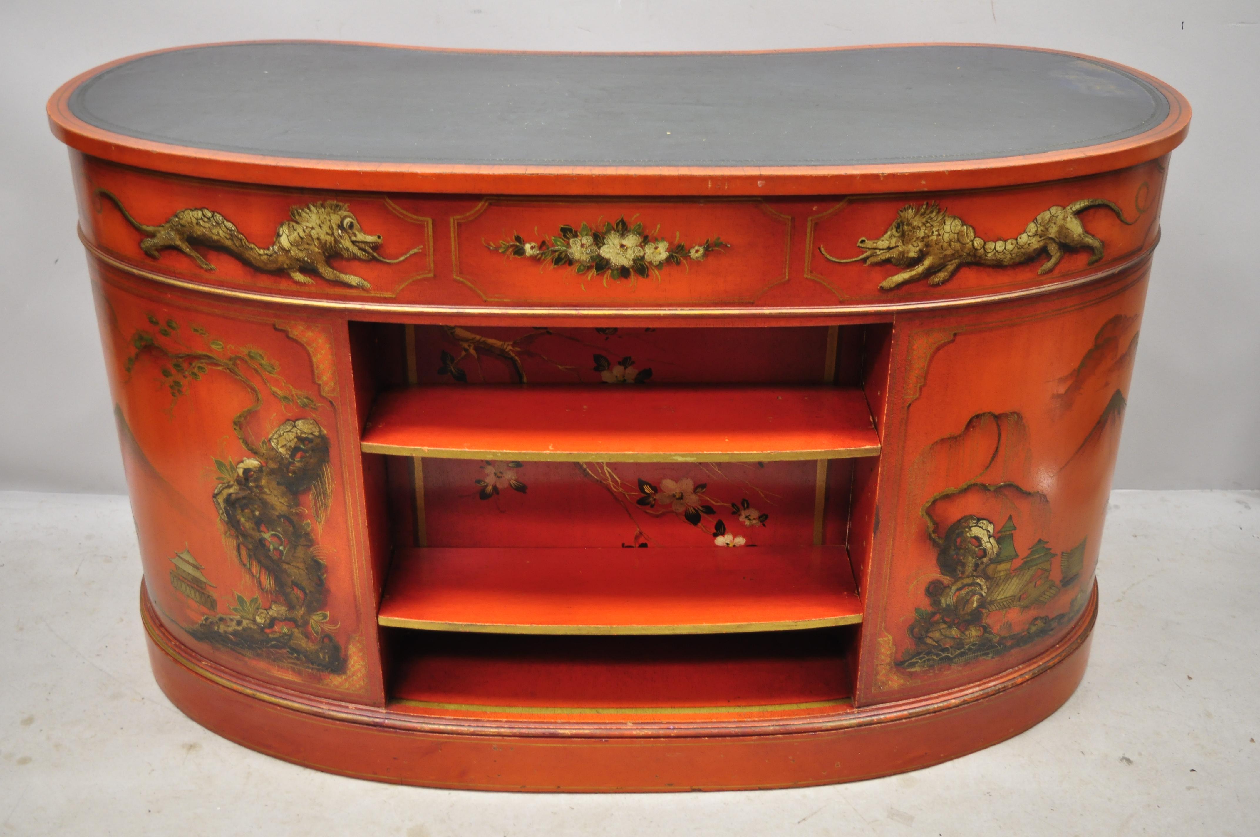 Antique Chinoiserie Georgian oriental green leather top red lacquer kidney shape desk. Item features hand painted chinese oriental scenes on all sides, bookcase back with 2 adjustable shelves, green tooled leather top, red lacquer finish, kneehole