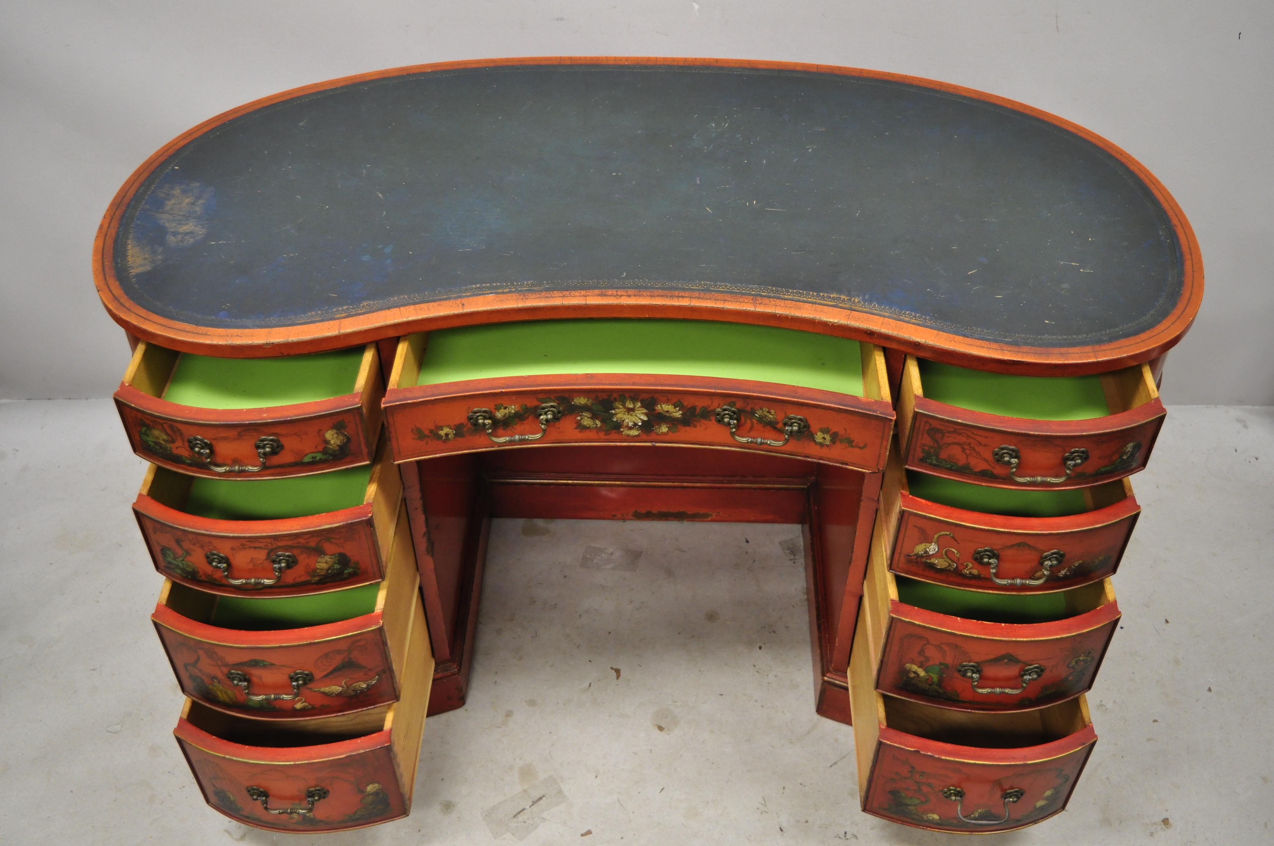 North American Chinoiserie Georgian Oriental Green Leather Top Red Lacquer Kidney Shape Desk