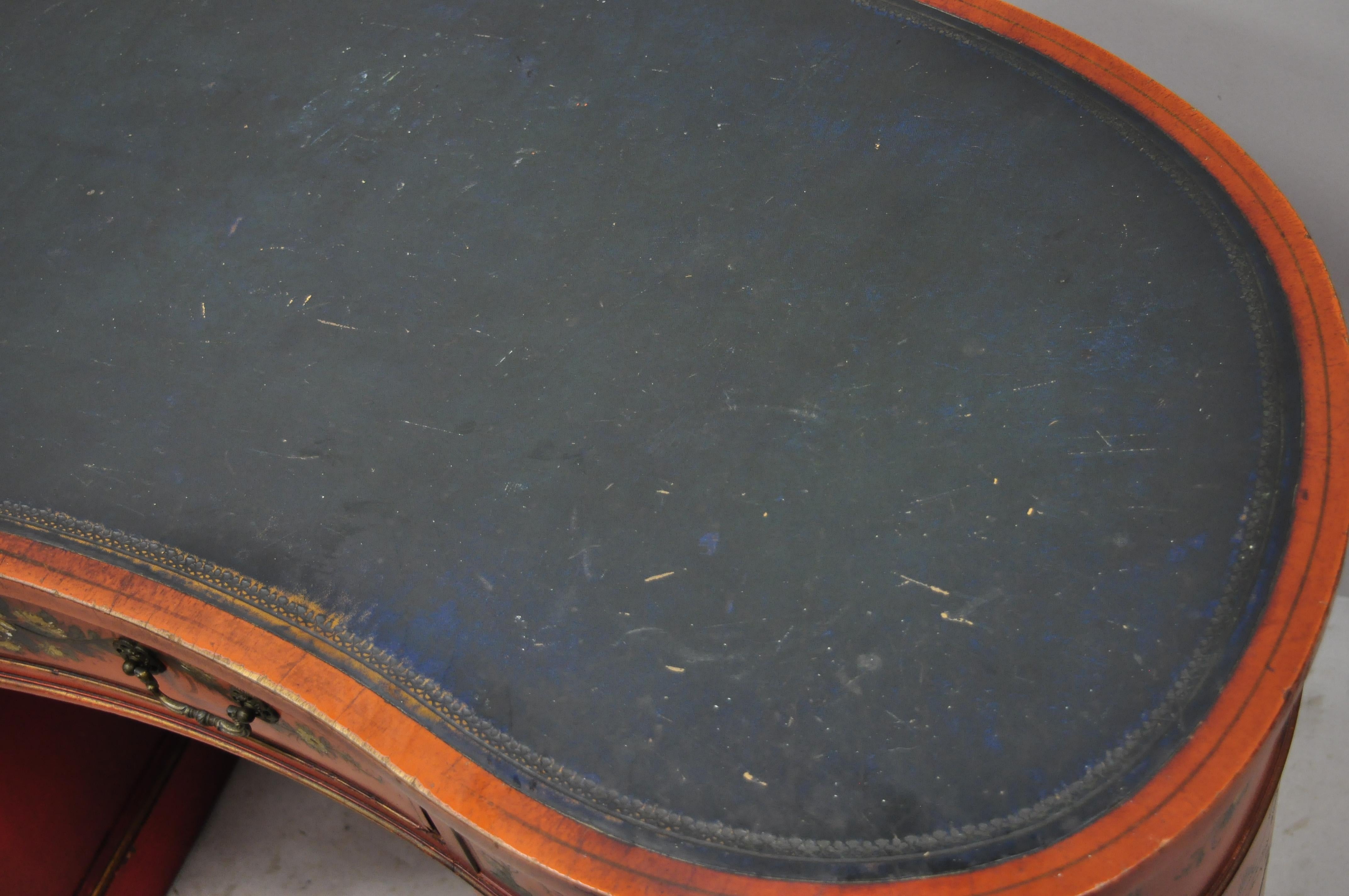 20th Century Chinoiserie Georgian Oriental Green Leather Top Red Lacquer Kidney Shape Desk