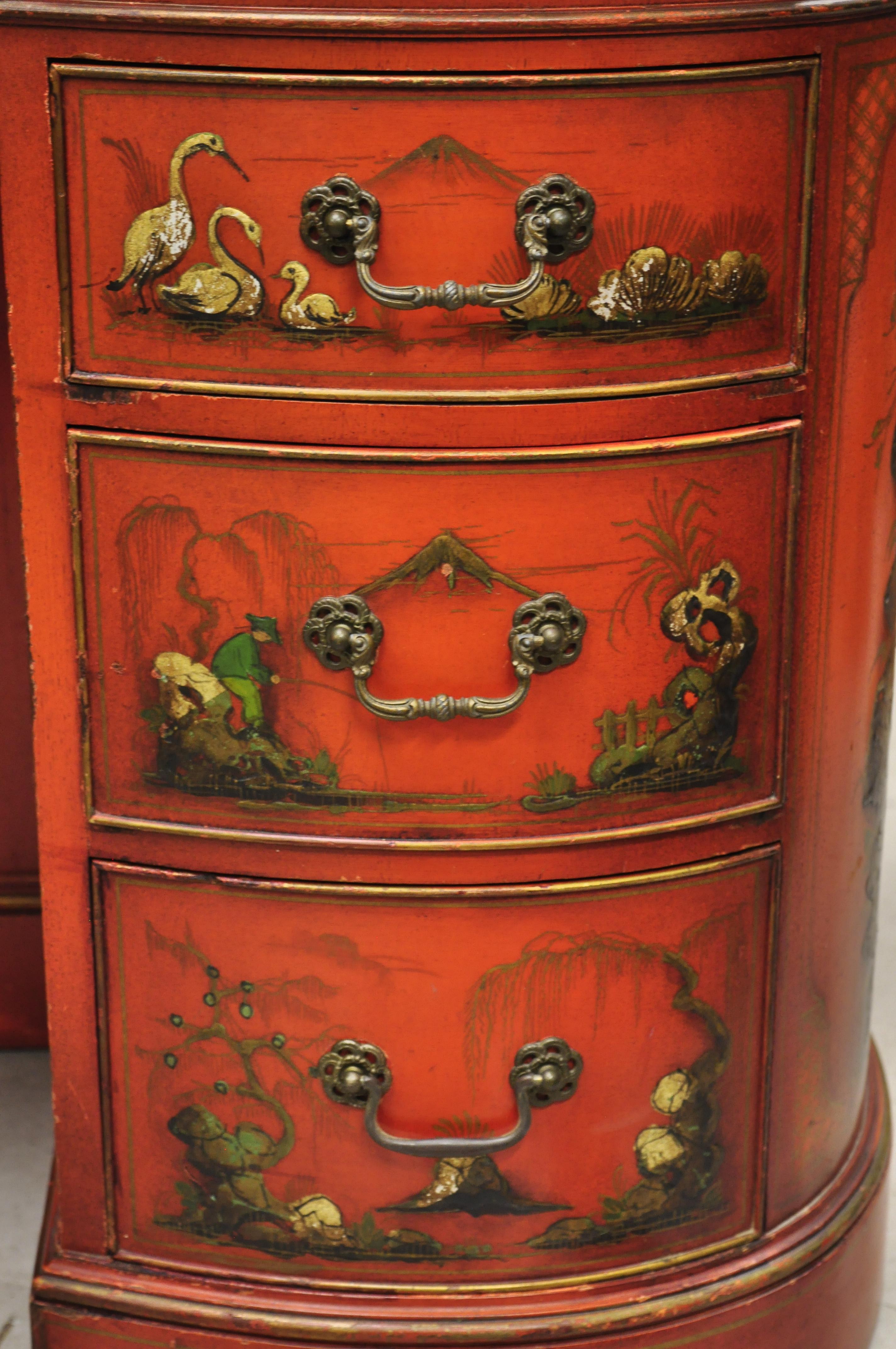 Chinoiserie Georgian Oriental Green Leather Top Red Lacquer Kidney Shape Desk 3
