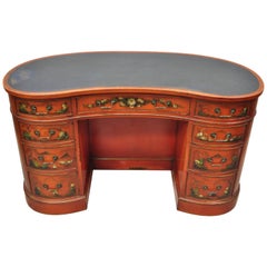 Chinoiserie Georgian Oriental Green Leather Top Red Lacquer Kidney Shape Desk