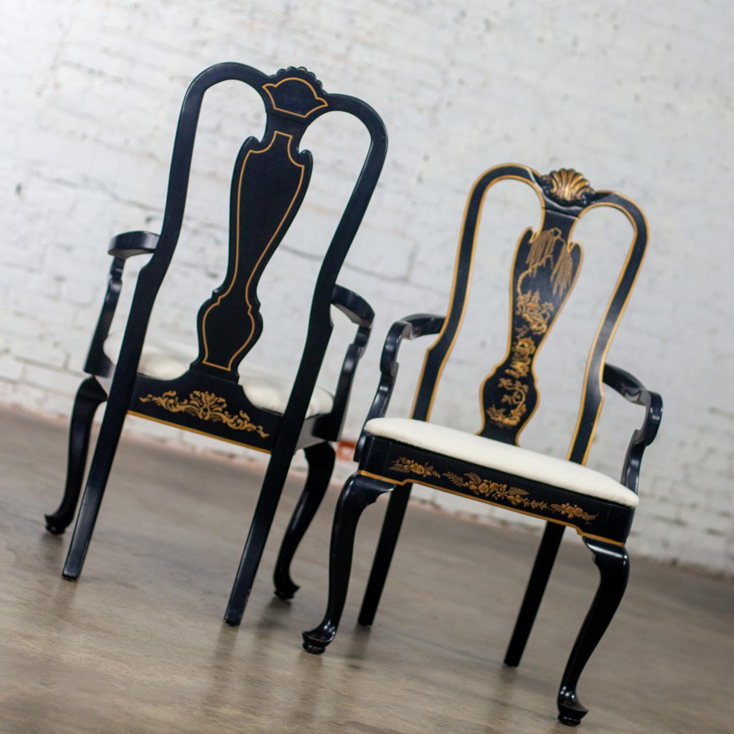 Paar Host & Hostess-Sessel im georgianischen Chinoiserie-Stil mit schwarzen Lackrahmen im Angebot 3