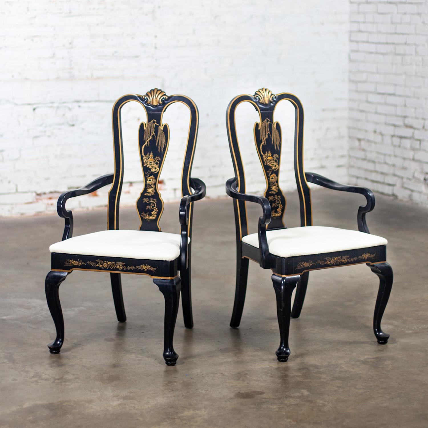 Paar Host & Hostess-Sessel im georgianischen Chinoiserie-Stil mit schwarzen Lackrahmen im Angebot 5