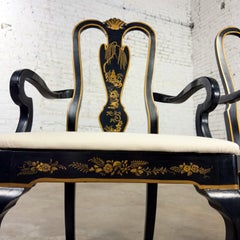 Chinoiserie Georgian Style Pair of Host & Hostess Armchairs Black Lacquer Frames