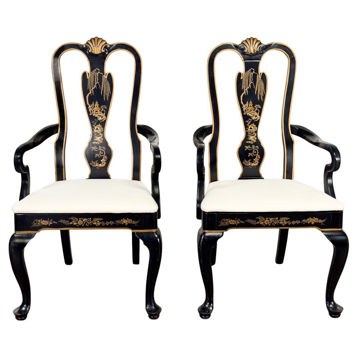 Chinoiserie Georgian Style Pair of Host & Hostess Armchairs Black Lacquer Frames
