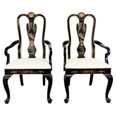 Chinoiserie Georgian Style Pair of Host & Hostess Armchairs Black Lacquer Frames