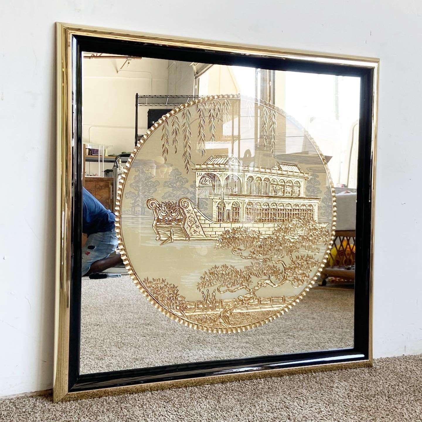 Exceptional vintage chinoiserie square wall mirror. Features a gilded, hand-carved scene of the Marble Boat at the Summer Palace in Beijing, China. Displays additional details like trees and clouds. Frame is comprised of a gold-banded outer edge,